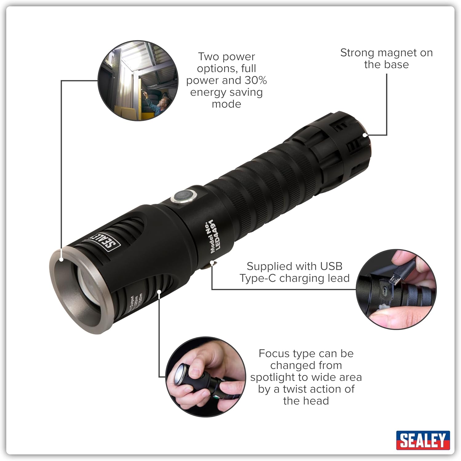 Sealey LED4491 5W CREE XPG LED Rechargeable Aluminium Torch - Adjustable Focus