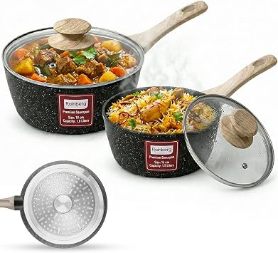 Rainberg Saucepan with Lid, Nonstick Milk Pan Suitable with Induction, Gas and Electric Hobs, Cooking Pot with Pour Spout. (Black, 2PK 16 & 18cm)