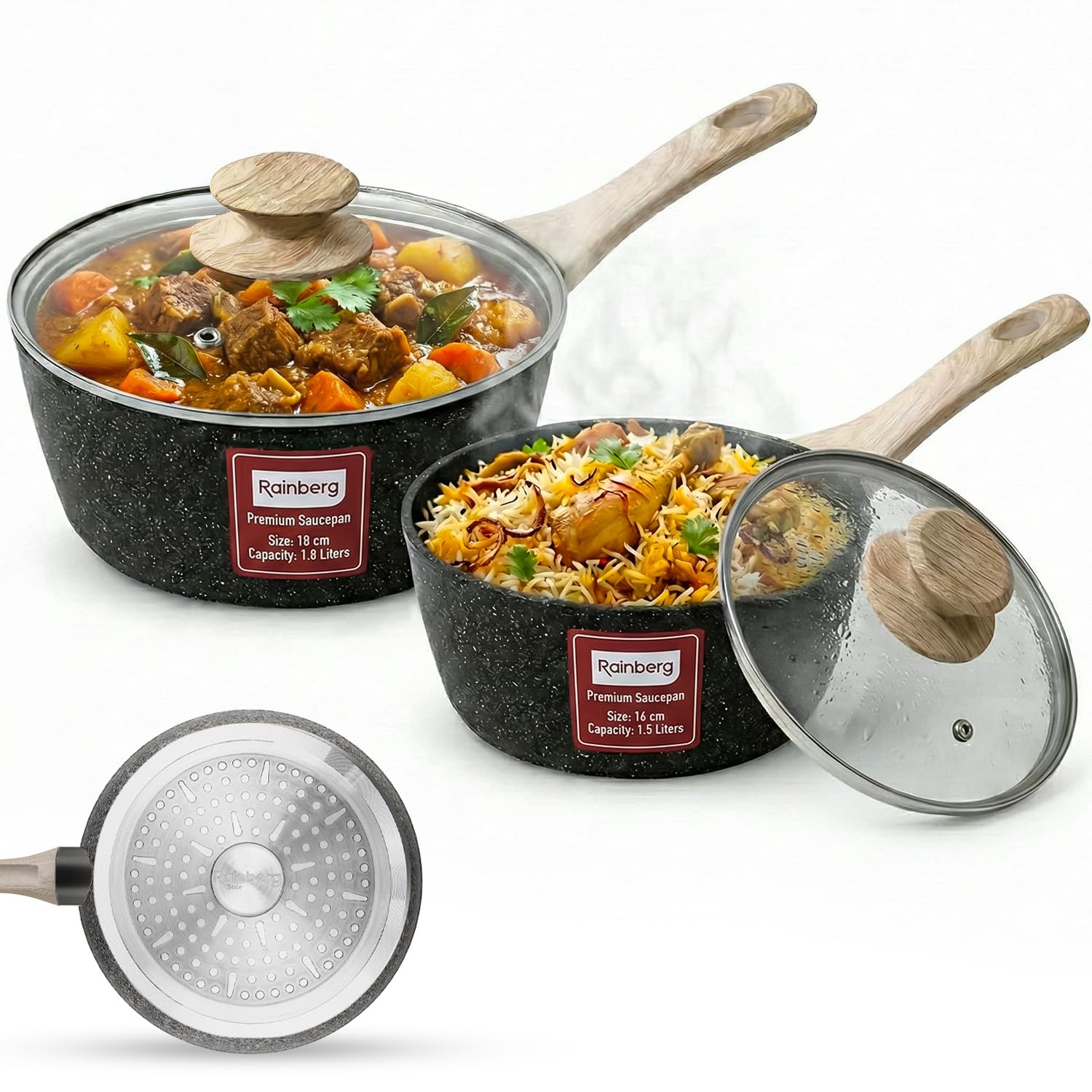 Rainberg Saucepan with Lid, Nonstick Milk Pan Suitable with Induction, Gas and Electric Hobs, Cooking Pot with Pour Spout. (Black, 2PK 16 & 18cm)