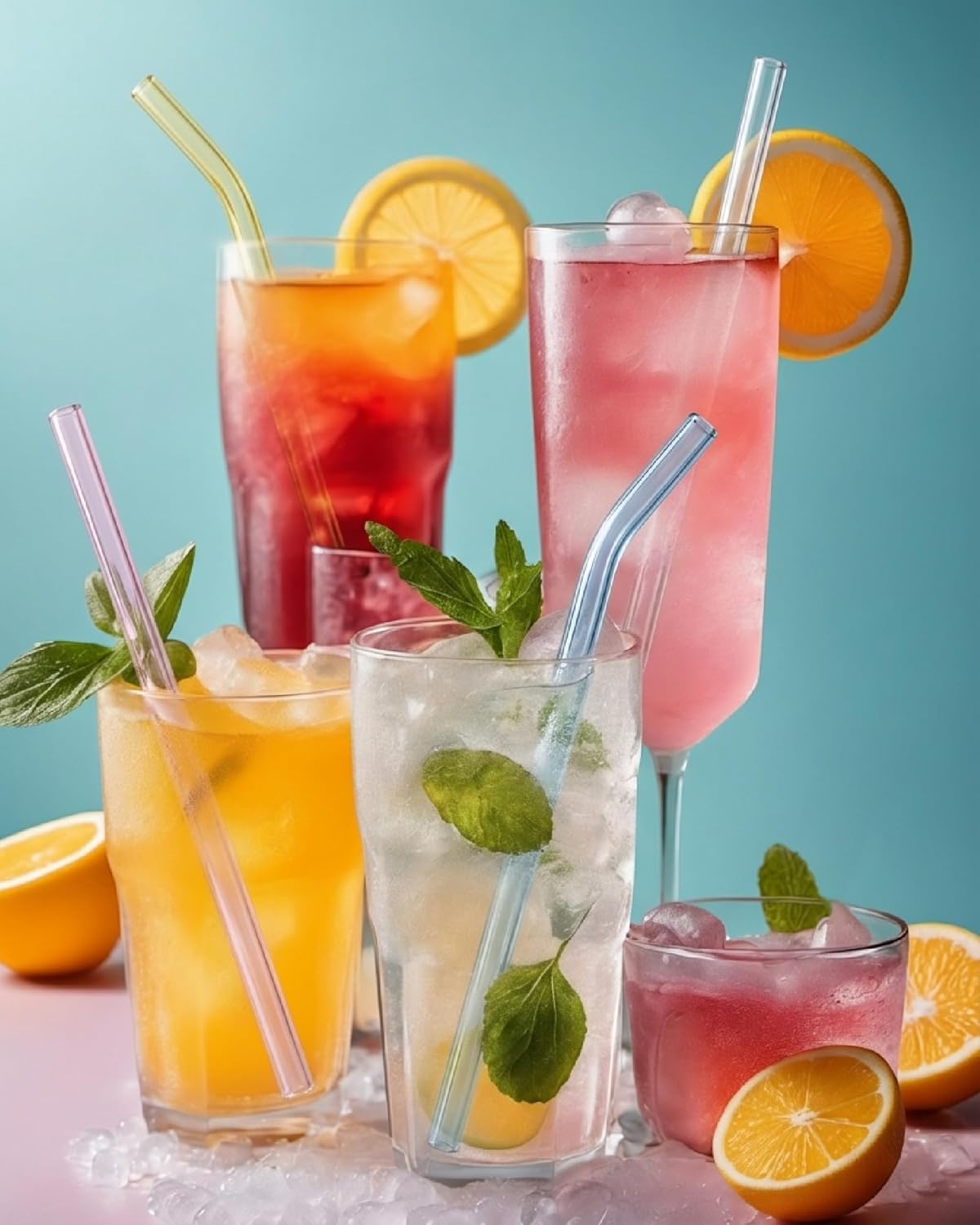 60 Pack Reusable Glass Straws Set, 8” x 8mm Colorful Glass Drinking Straws Set of 25 Straight & 25 Bent Glass Straws with 10 Cleaning Brush for Coffee, Cocktail, Beverages, Cute Glass Straws