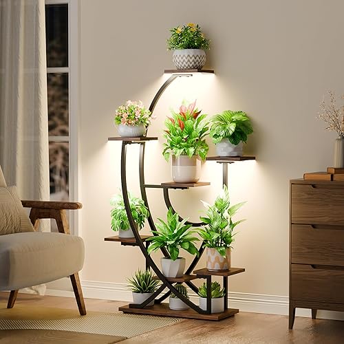 Miniatura 3 de POZILAN Soporte para plantas con luz de crecimiento, 8 soportes de esquina para plantas de interior múltiples, estante de metal iluminado de 51
