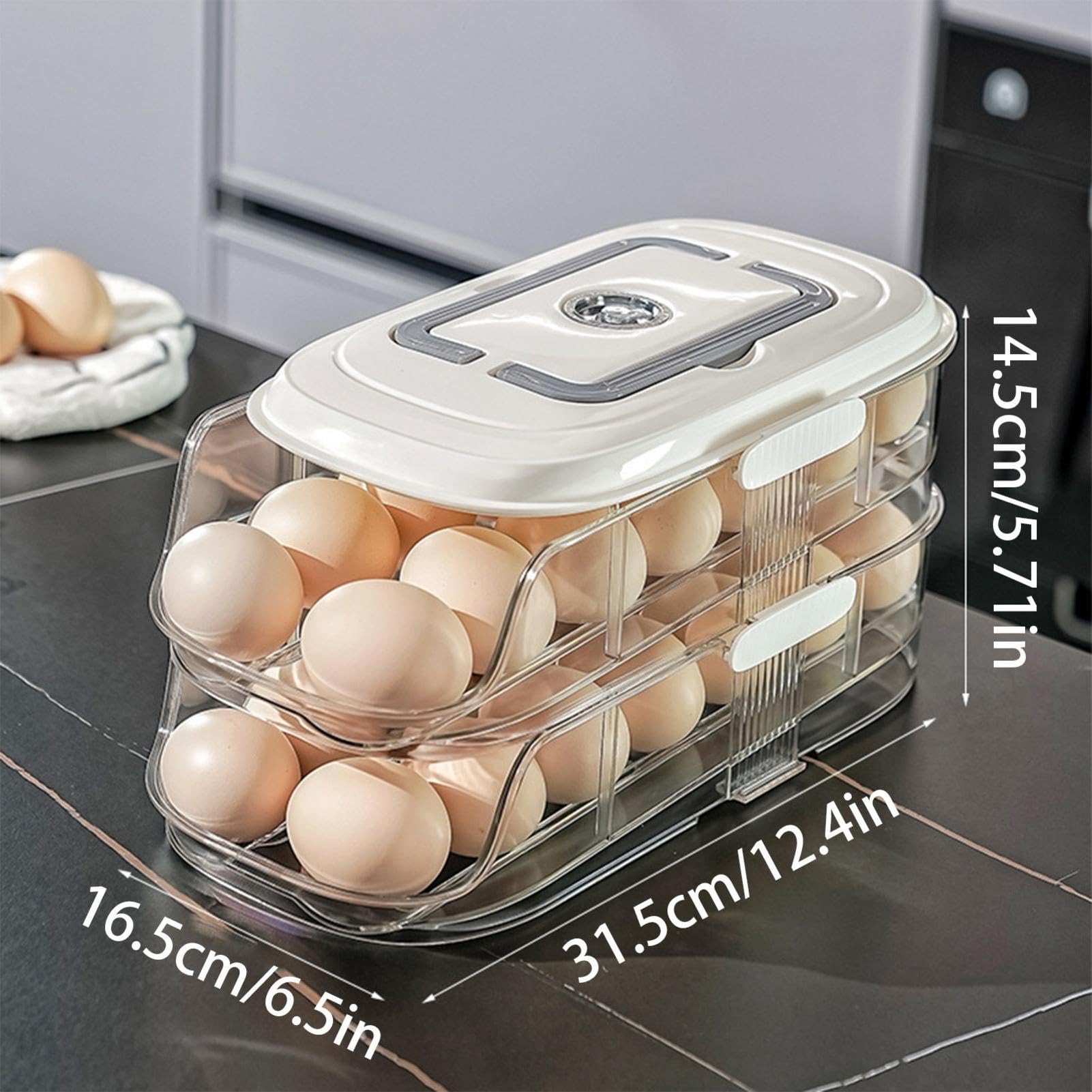 Soporte para huevos para frigorífico, 12,4 pulgadas, para huevos rodantes, bandeja dispensadora automática de ahorro de espacio para frigorífico, organizador de huevos de 3 capas con apertura