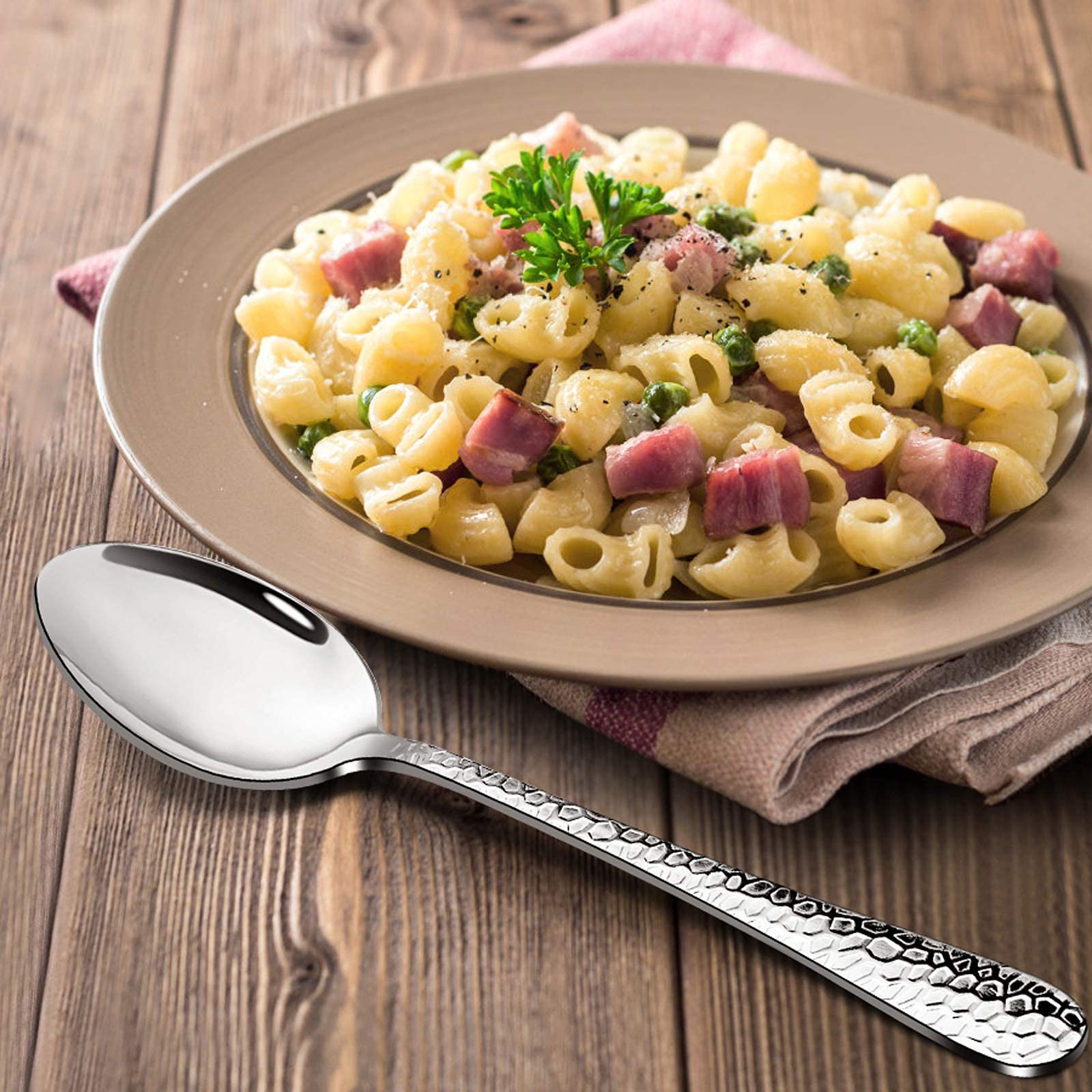 6 Cuillères De Table En Acier Inoxydable Martelé - Design Moderne & Bord Poli Miroir - 20 Cm