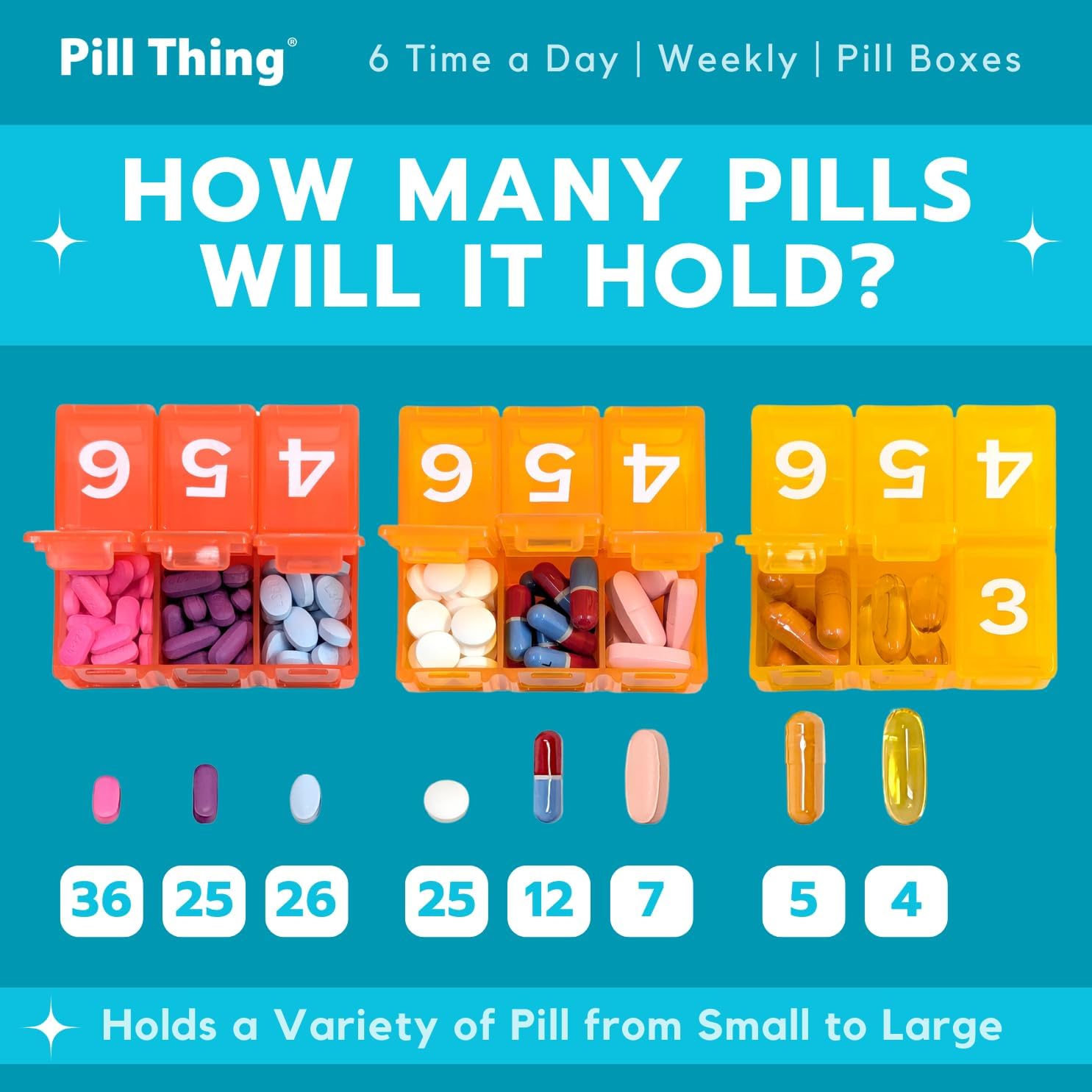 6 Times a Day, 7 Day Large Weekly Pill Organizer with Holder Tray, Vitamin, Medicine Box, Multicolor (6X a Day - 1 Pack)
