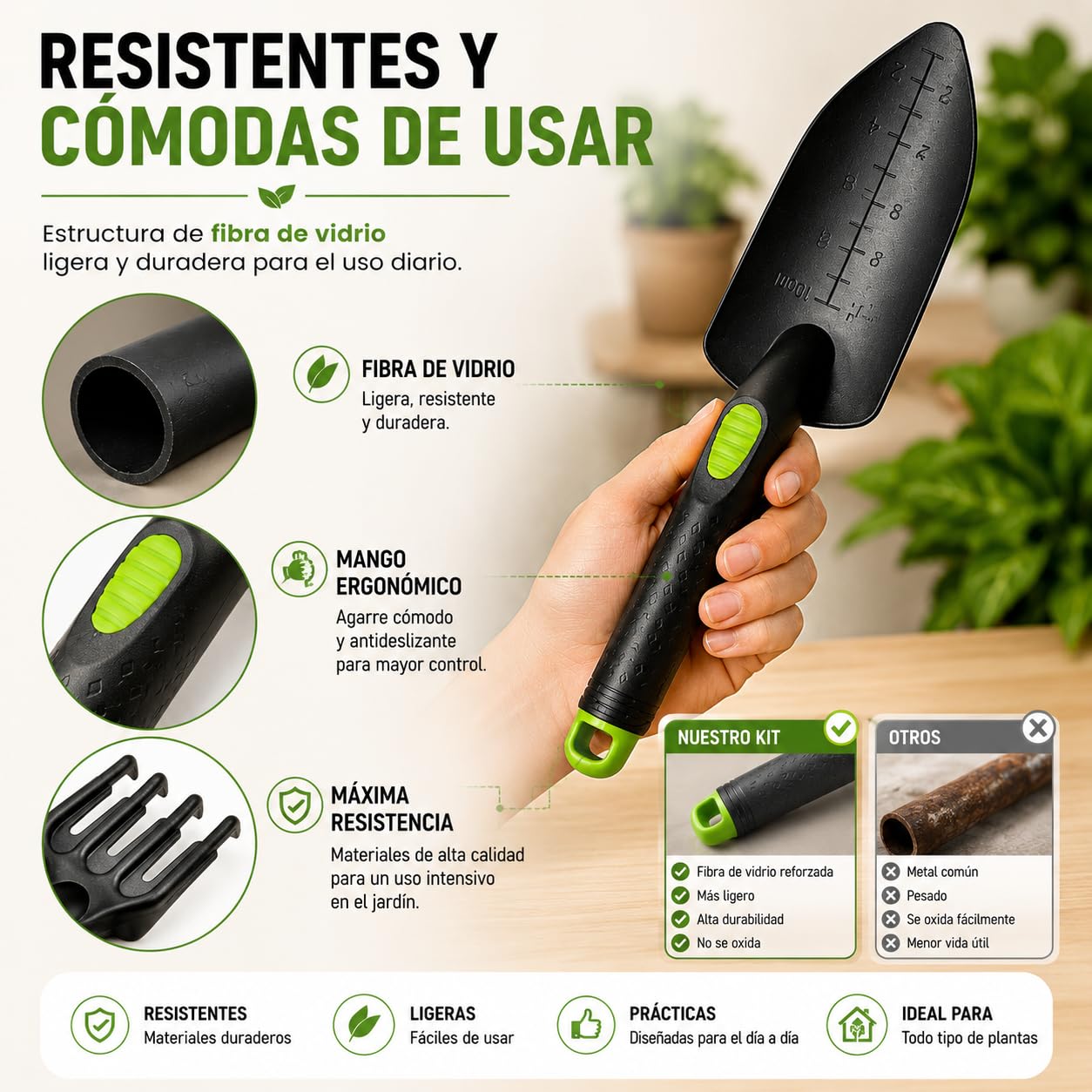 Kit 5 Herramientas de jardinería Resistente de Fibra de Vidrio Ideal para jardín, huerto Urbano o terraza | Kit jardineria Completo Que Incluye: Pala, Rastrillo, Azada, Tijeras de Podar y Guantes.