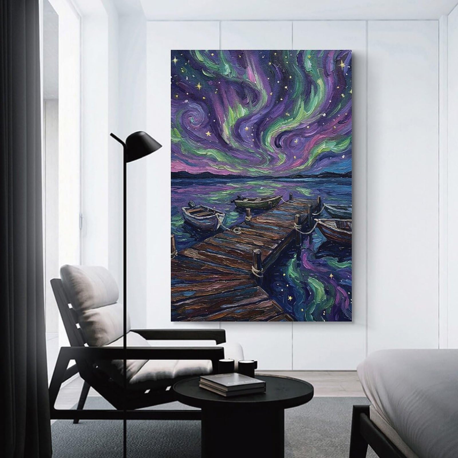 Junmoney Canvas Wall Picture Aurora Borealis Over Docked Boats, 08x12inch(20x30cm), for Calm Bedrooms, Home Corners Or Flats, Decorative Wall Art for Cosy Rooms