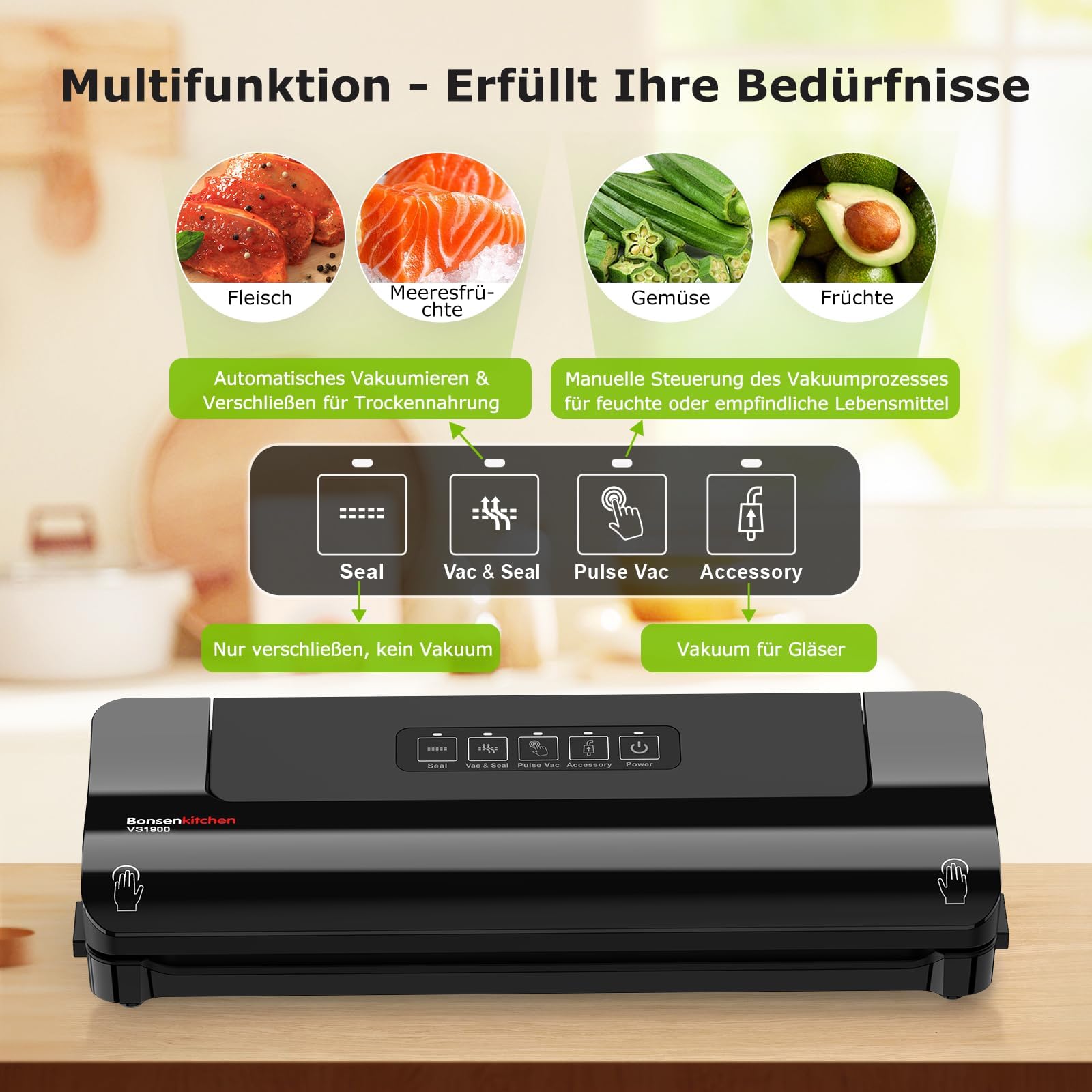 Bonsenkitchen Vakuumiergerät, Vakuumierer für Lebensmittel mit Vakuumbeuteln und Zubehörschlauch Schwarz