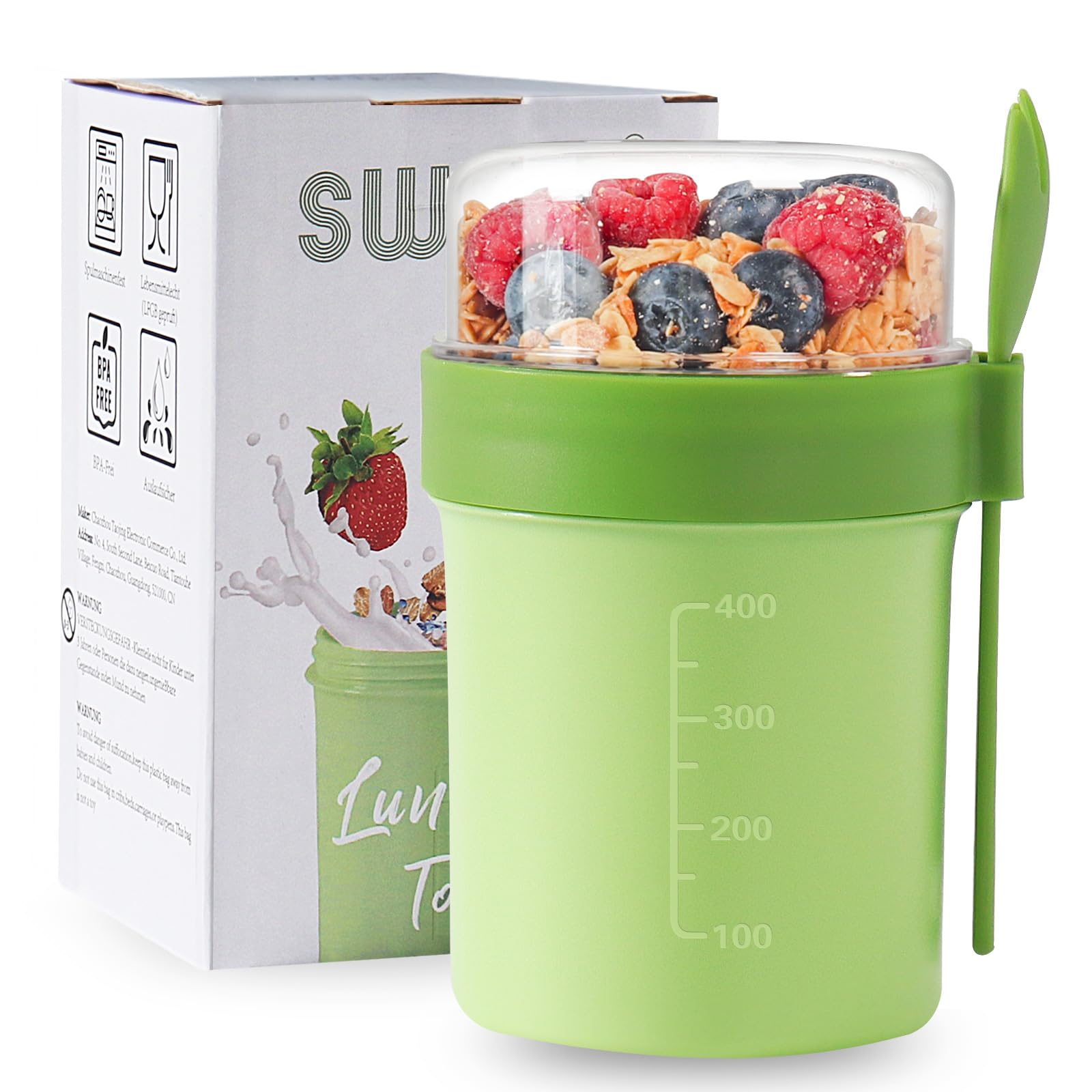 Swkien Müslibecher to go mit Löffel - Auslaufsicherer Joghurtbecher to go mit Unterteilung (560ml + 220ml) - Spülmaschinengeeignet & BPA-Frei - für Büro, Fitness, Schule, Reise - Grasgrün