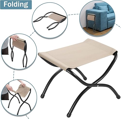 Miniatura 7 de Taburete otomano plegable de 15 pulgadas con marco de metal, reposapiés tapizado beige de piel sintética lavable para interiores y exteriores, sala