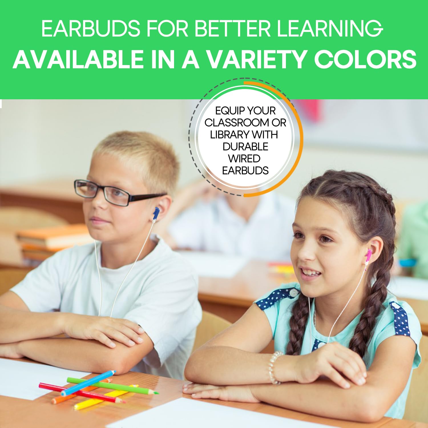 Bulk Classroom - Confezione da 50 auricolari per bambini e studenti, cuffie in-ear cablate con jack da 3,5 mm, per scuola, compatibili con Chromebook, set multipack