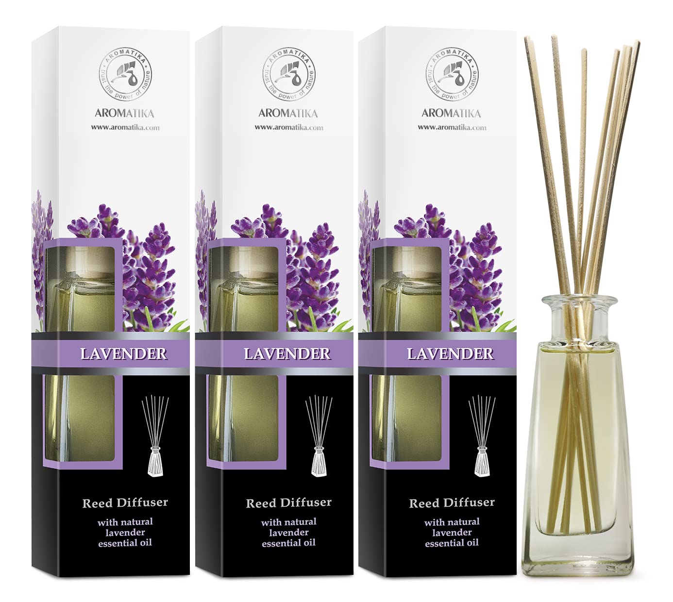 Reed Diffuser with Natural Essential Oil Lavender - 3 x 3.4 Fl Oz - Lavanda Diffuser - Scented Reed Diffuser - Gift Set w/Bamboo Sticks - for Aromatherapy - Home - Office - Fitness