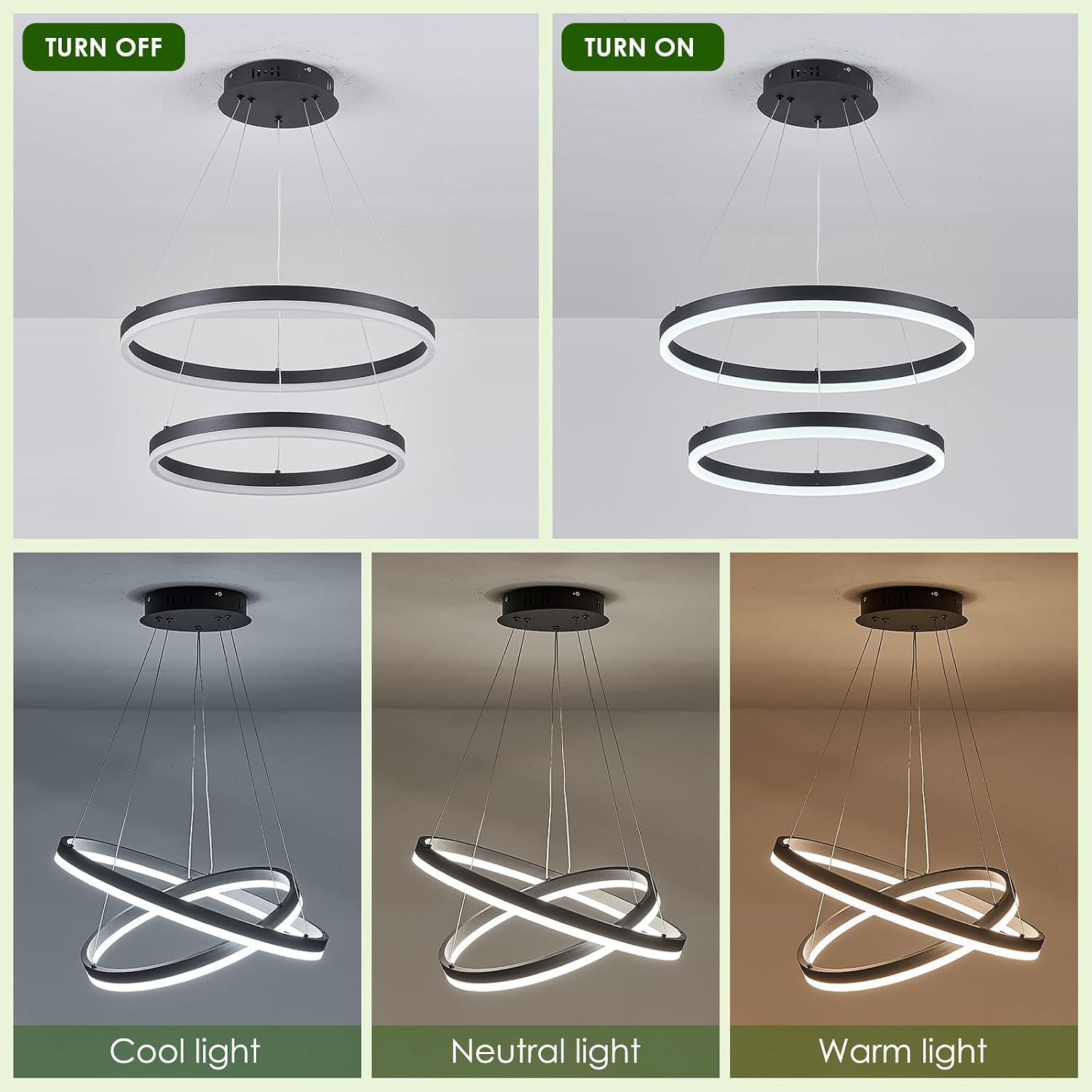Benkut 2-Rings Modern LED Chandelier Black for Dining Room, Circular Flush Mount Ceiling Chandelier Light Dimmable Pendant Light with Remote Control for Living Room Entrance Foyer, 3000K-6500K