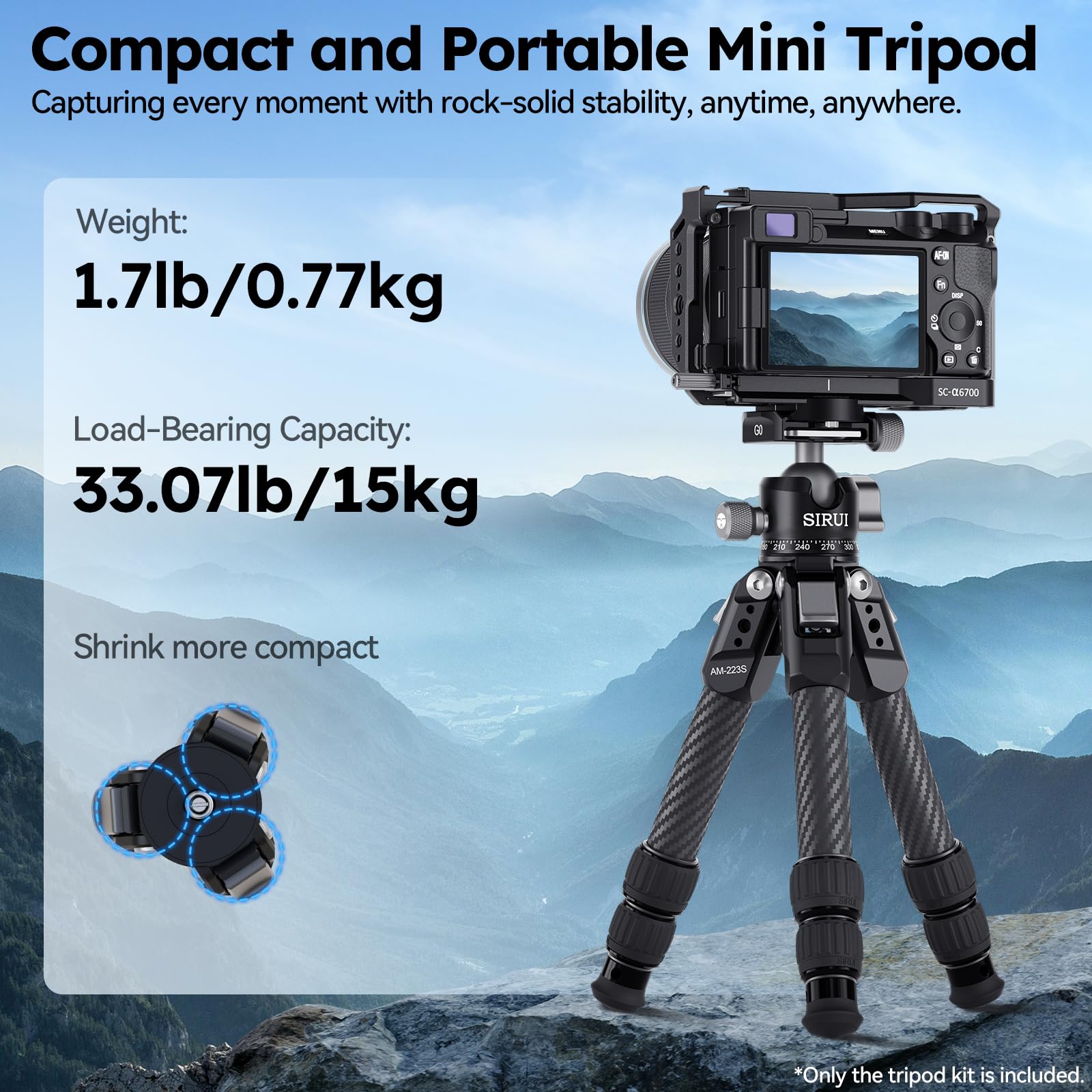 SIRUI AM-223S+G0 Mini treppiede per fotocamera in fibra di carbonio - ultraleggero 0,8 kg, altezza massima 42,4 cm, treppiede da tavolo con testa a sfera panoramica a 360°, supporto resistente fino a