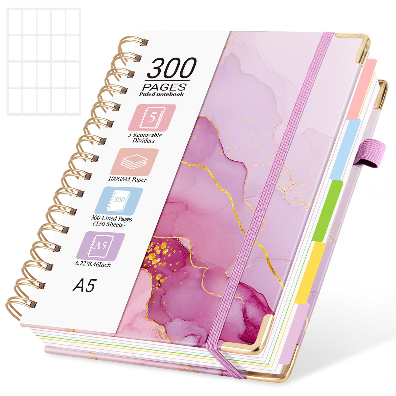 MOFELON A5 Notebook with Dividers, Notepad A5, 300 Pages Spiral Lined Notebooks,PU Leather HardCover Journals for Women,Note Book Pad for Office Work School, 21.5 x 15.8cm-Gold — image 1