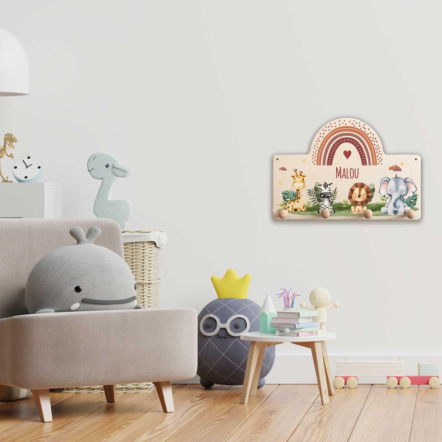 GRAVURZEILE Porte-manteau personnalisé pour enfant avec nom au choix pour chambre de bébé - Patère en bois avec de beaux motifs pour filles et garçons - Décoration de chambre d'enfant