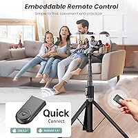 Vista 5 de Trípode portátil y extensible para teléfono de 71 pulgadas y palo para selfie, con control remoto inalámbrico y rotación de 360°, ideal para viajes