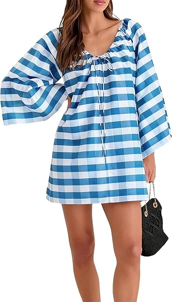 Womens Boho Dress Gingham Bell Sleeve Tie Neck Shift Dress Beach Cover Up Mini DressBlue-XL