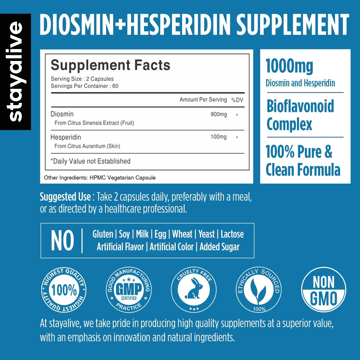STAY ALIVE Diosmin Hesperidin 1000mg Complex, 120 Count, Citrus Bioflavonoids Rich Fruit Extract, 2 Month Supply, 100% Vegetarian, Non-GMO & Gluten Free Hesperidin and Diosmin Supplement Capsules — Amazon image 2