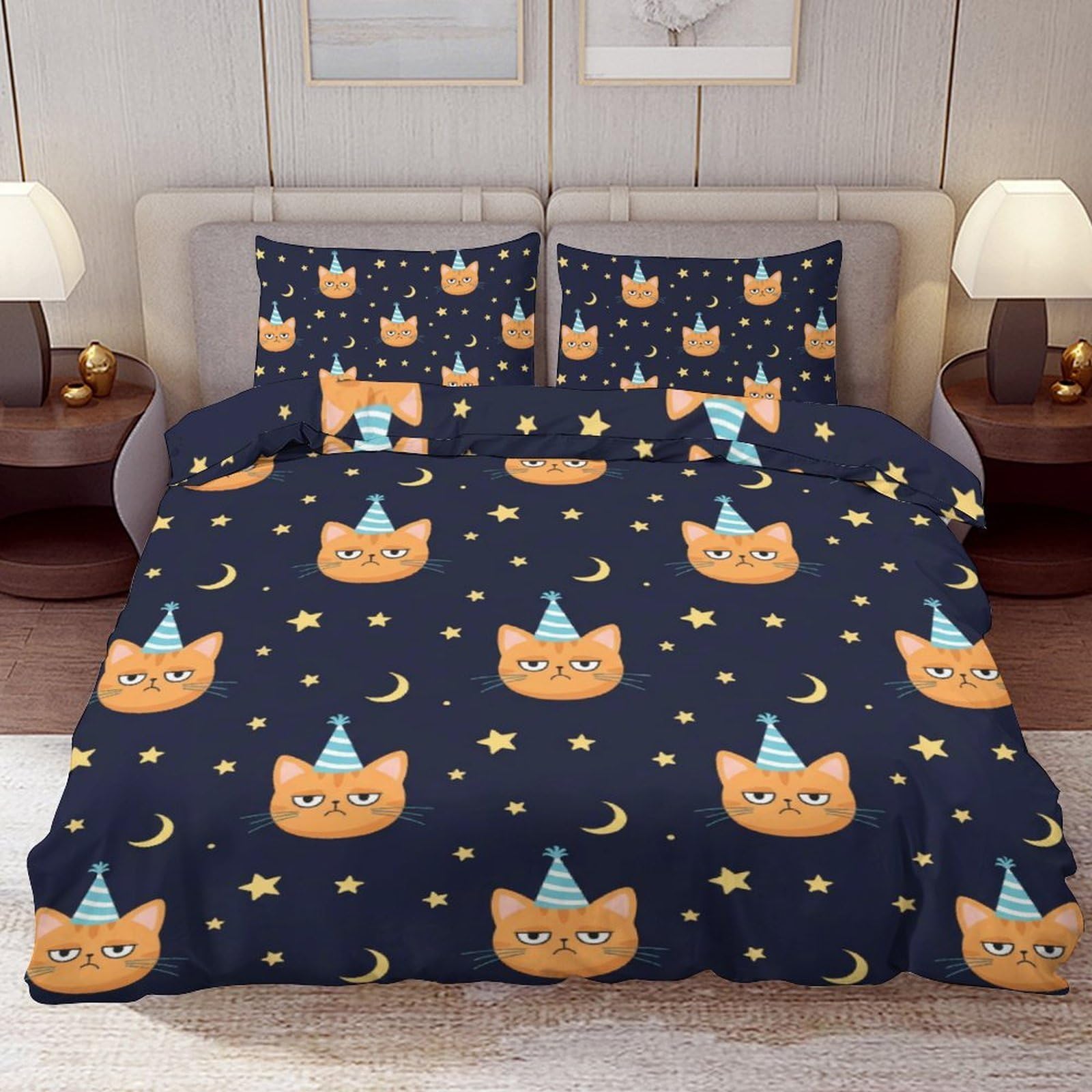Delerain Comforter Cover Set Twin Size, Cartoon Cat Moon Star 3-Piece Bedding Set for Boys Girls Teens Modern Soft Microfiber Bedroom Set Room Decor, 1 Duvet Cover + 2 Pillowcases