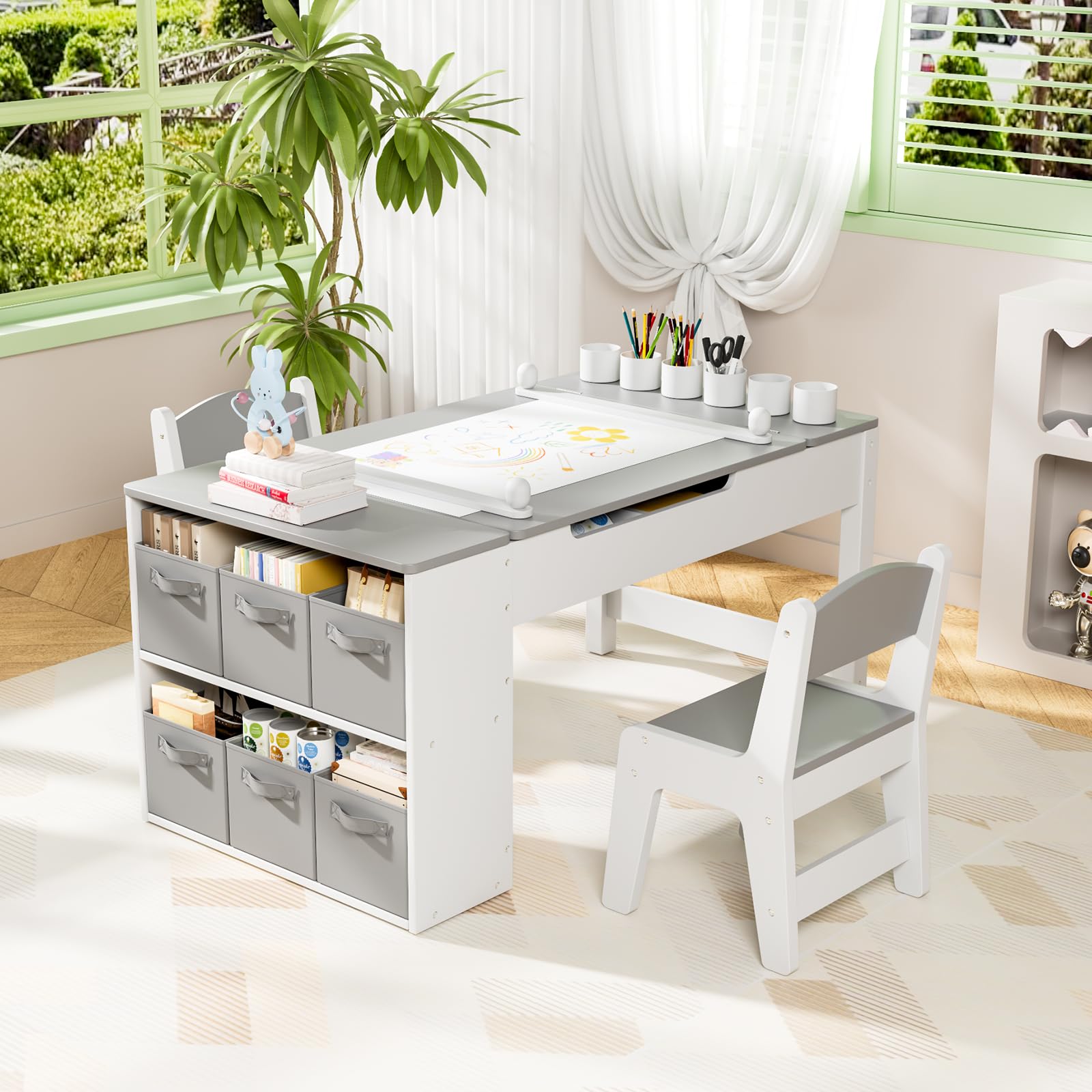 MAMIZO Mesa y Sillas Infantiles Madera con 2 Sillas, Mobiliario Infantil con Espacio de Almacenaje para Niños a Partir de 3 Años, Mesa de Pintura para Habitación Infantil, Sala de Juegos (Gris)