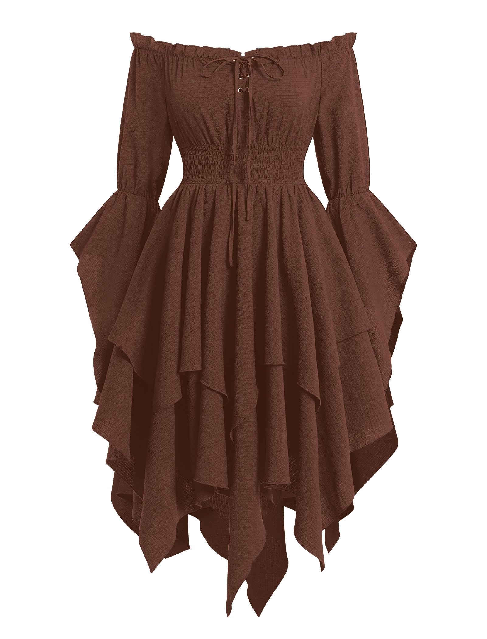 EFOGEP Womens Medieval Renaissance Dress Long Bell Sleeve Off Shoulder Asymmetry Hem Vintage Victorian Gothic Dresses for Costume Parties Festival Casual Brown S