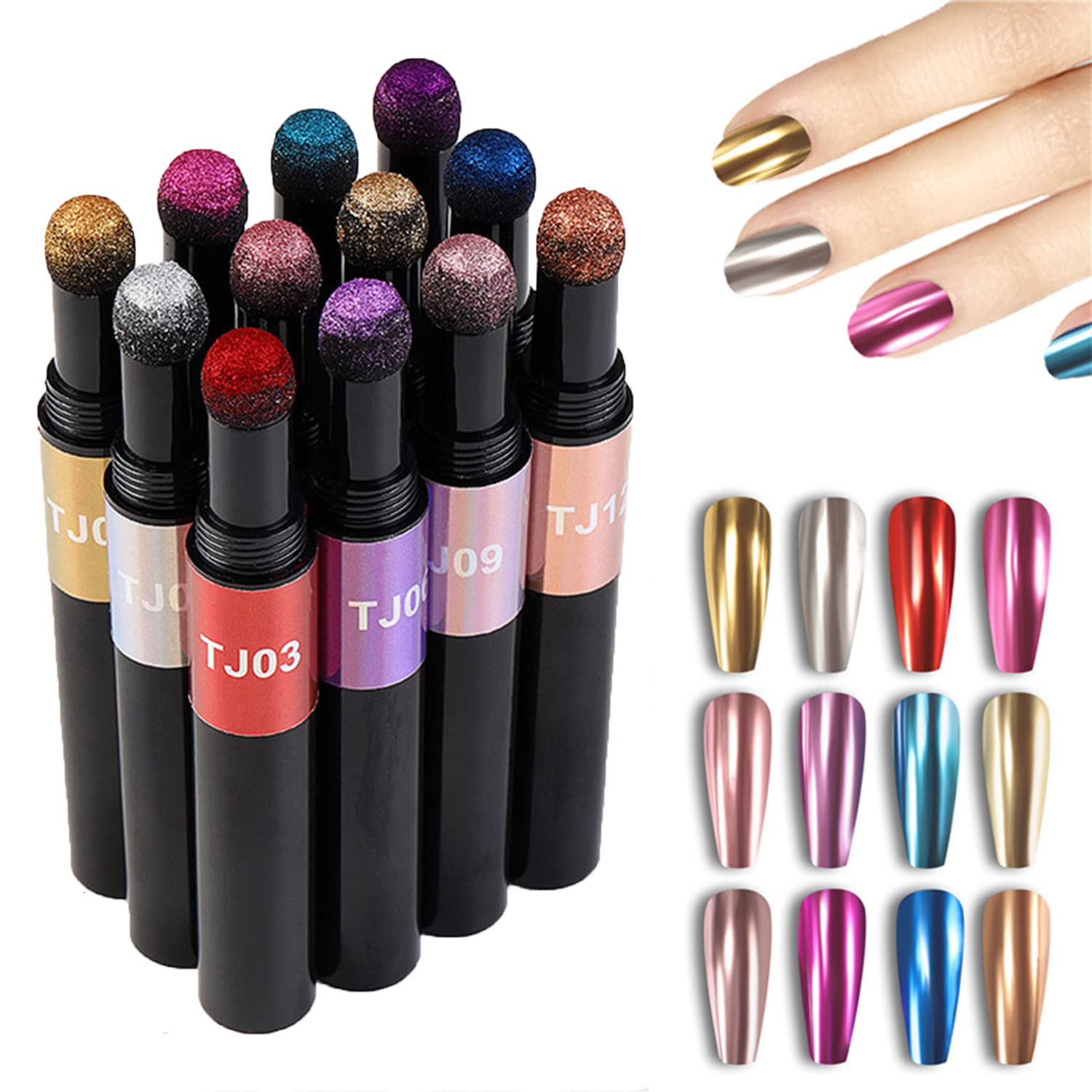 Chrome Powder Pen for Nails PTGMH 12 Colors Nail Art Pen Nail Polish Pens Air Cushion Mirror Nail Powder Pigments for Nails Nail Decorations (