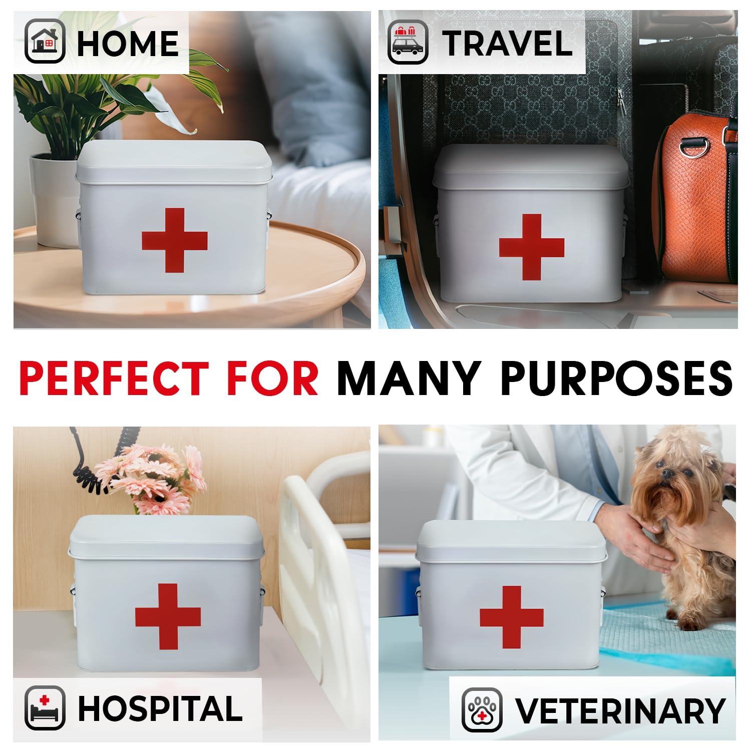 Plexon Contenitore per forniture di primo soccorso, scatola di latta in metallo da 21,6 cm, organizer per pronto soccorso, kit di pronto soccorso bianco