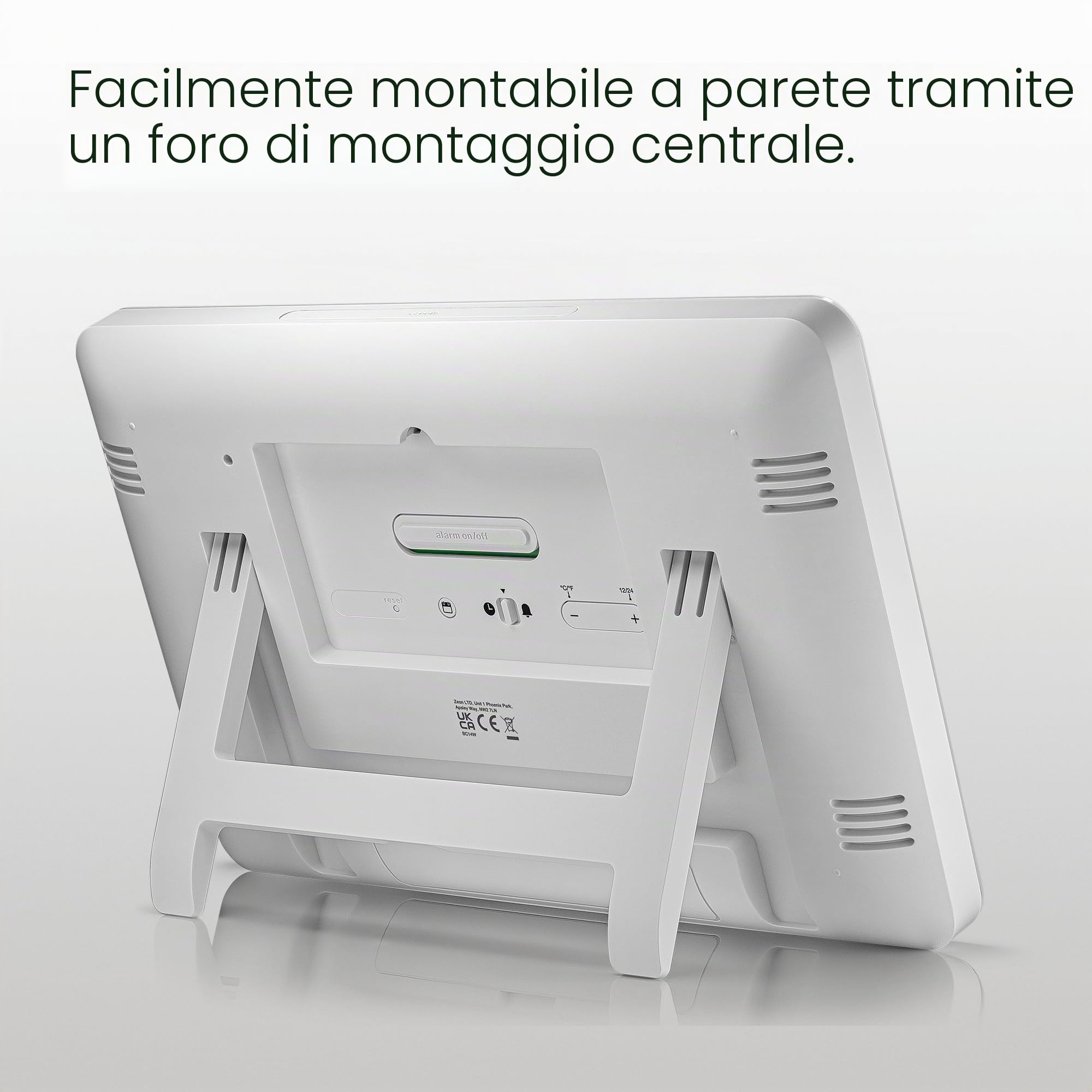 Braun Orologio da parete digitale temperatura interna, data, giorno della settimana, ampio display LCD inverso, impostazione rapida, allarme acustico in bianco, modello BC14W.