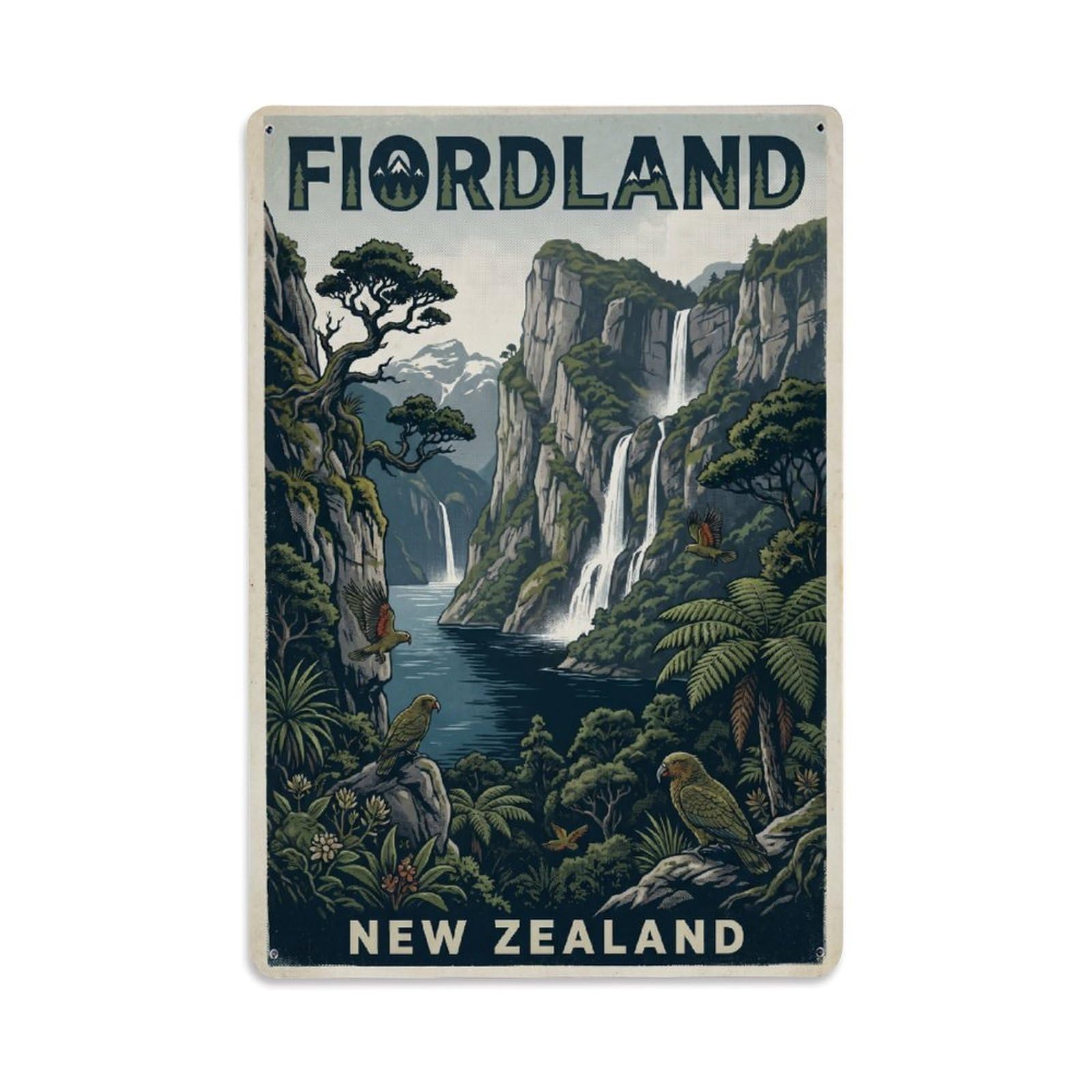 Metal Tin Sign New Zealand Fiordland Retro Travel