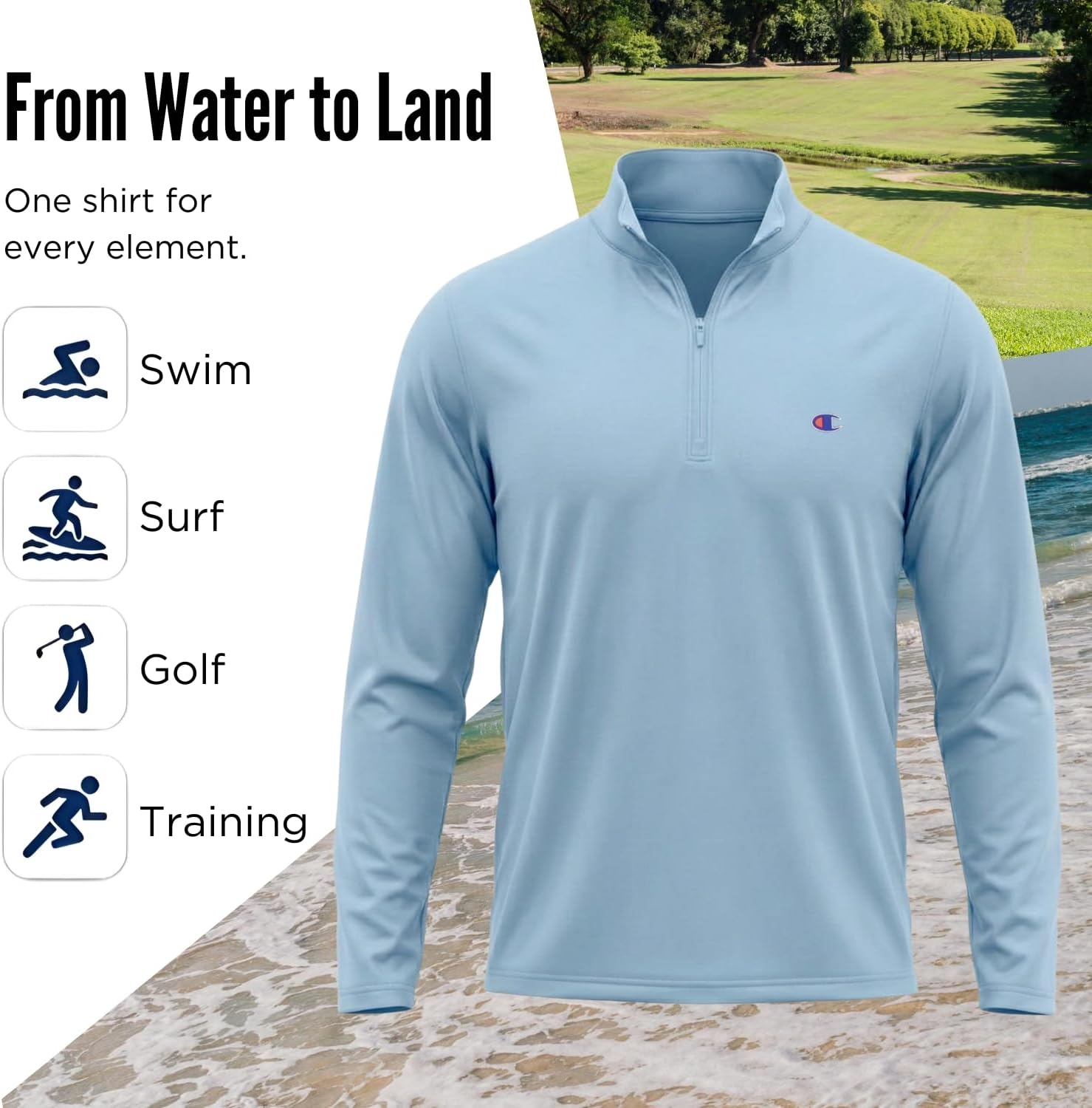Champion Mens Quarter Zip Pullover Sun Shirt - Long Sleeve UV Protection UPF 50+ 1/4 Zip Rash Guard for Golf Fishing