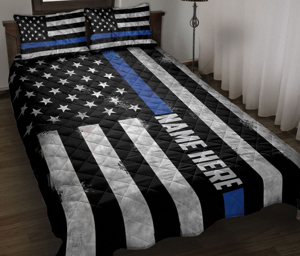 OhaPrints Custom Police Thin Blue Line American Flag Back The Blue Personalized Name Quilt Blanket & Pillowcases, Bedding Set & Pillow Cover, King Queen Double Twin Throw Full Size Bedspread Bed