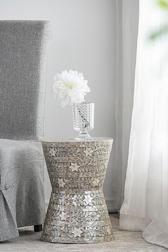Miniatura 3 de A&amp;B Home Mother of Pearl - Mesa auxiliar pequeña, mesa de centro redonda, taburete Capiz, soporte para plantas de sala de estar, gris oscuro, 14 x