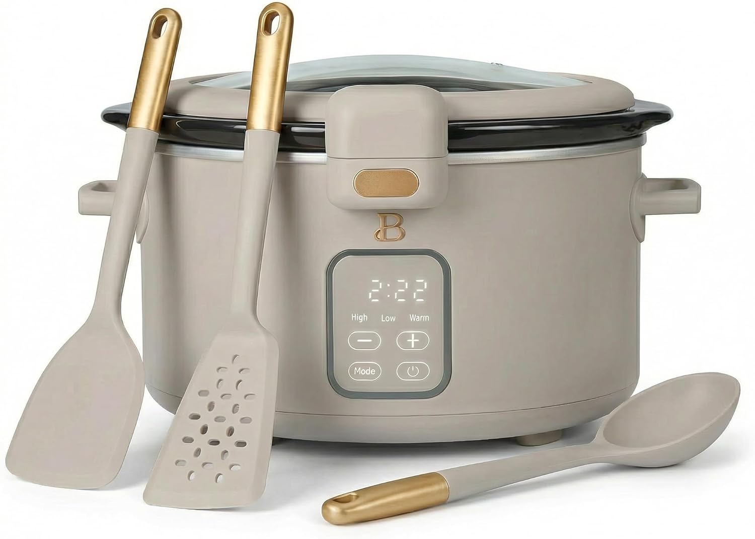 4 Quart Slow Cooker with Hinged Locking Lid and Touch Activated Display and 3 Piece Silicone Kitchen Utensil Set - Porcini Taupe Digital Small Slow Cooker with Timer and Automatic Warm