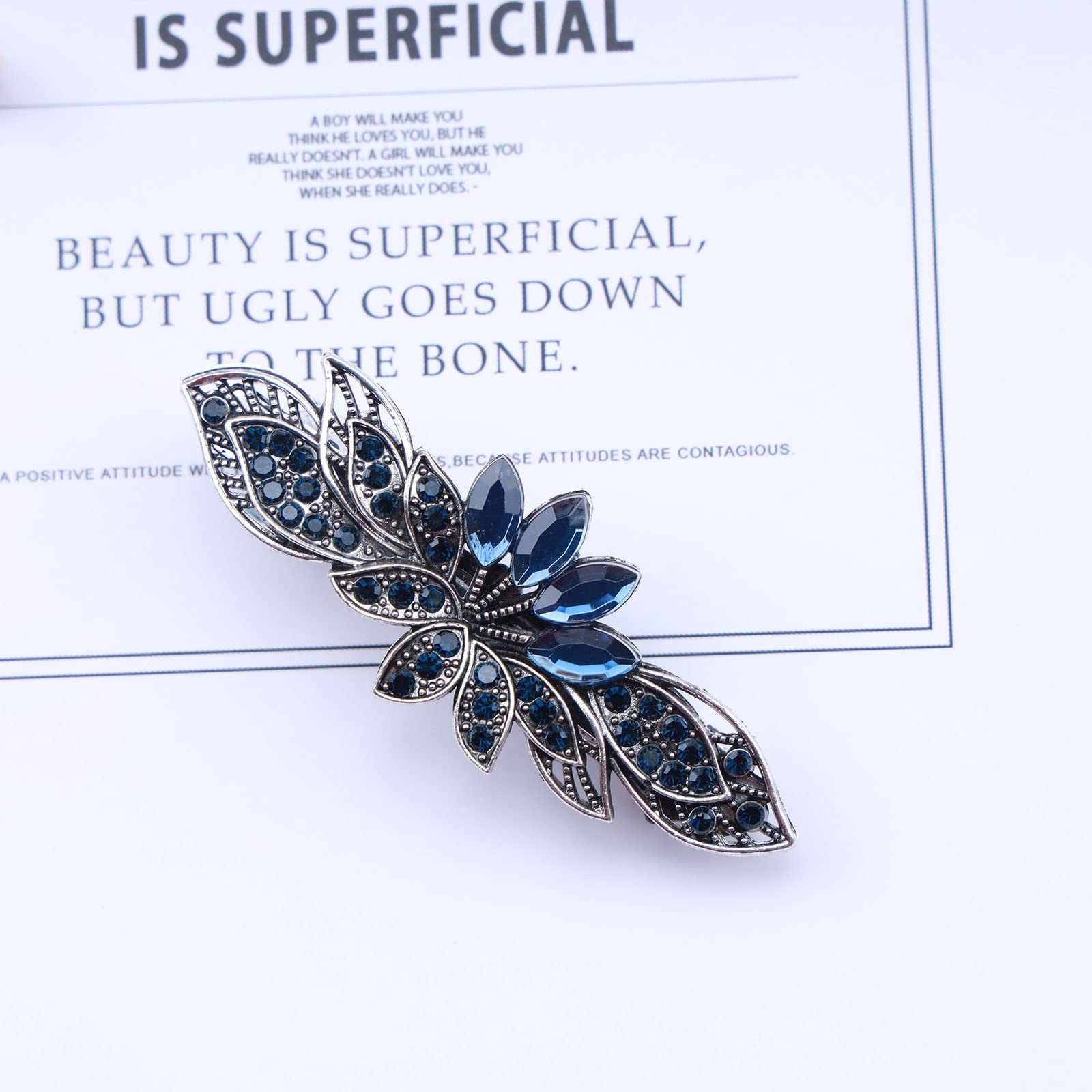 Aneneiceera Blue Crystal Wedding Hair Clip Barrette Molan Rhinestone Black Hair Barrette Clips Bling Bridal Headpieces Head Clip Headwear Crystal Bride Hair Accessories for Women and Girls (Lotus) - Image 3