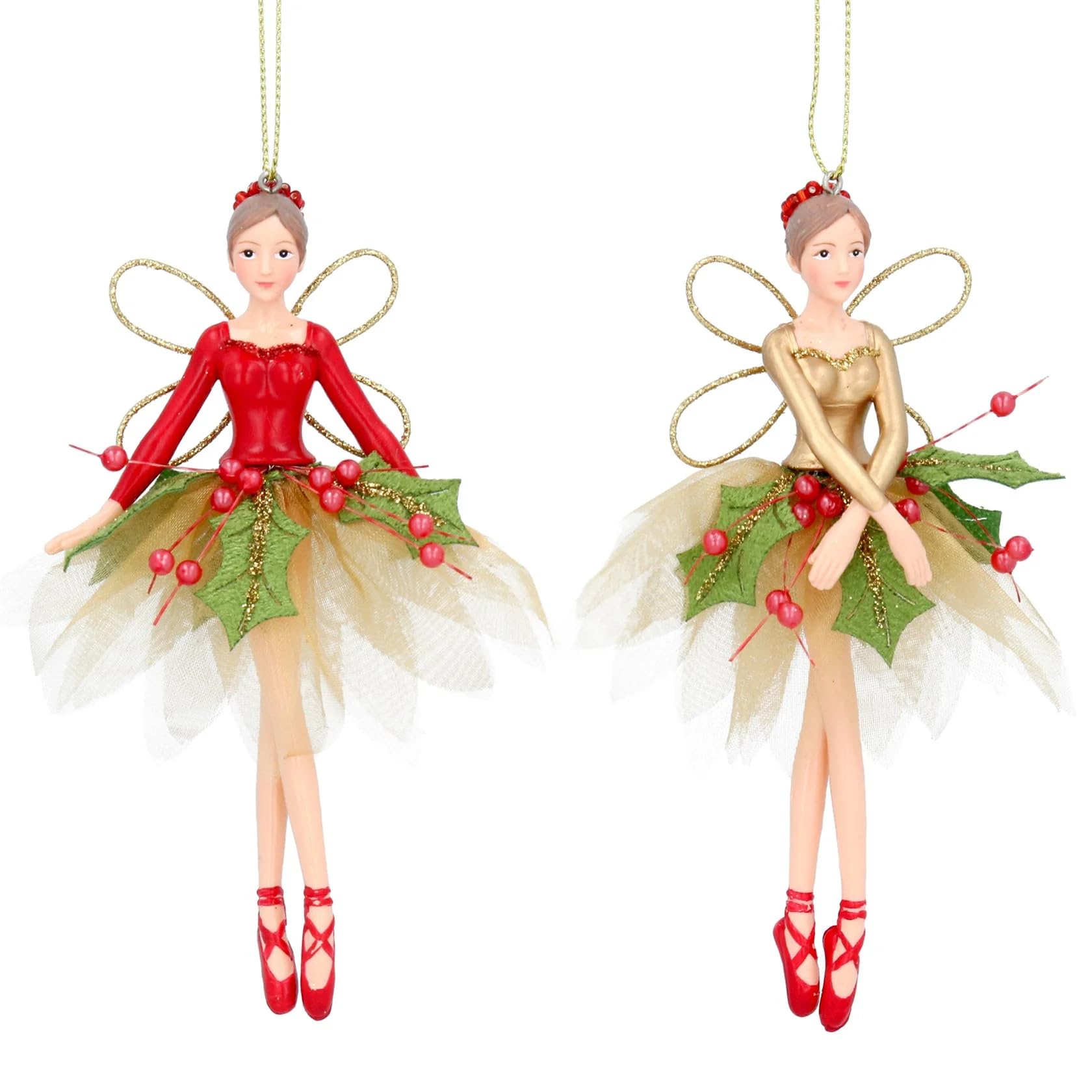 Gisela Graham Holly Fairy Christmas Tree Decorations - set of two