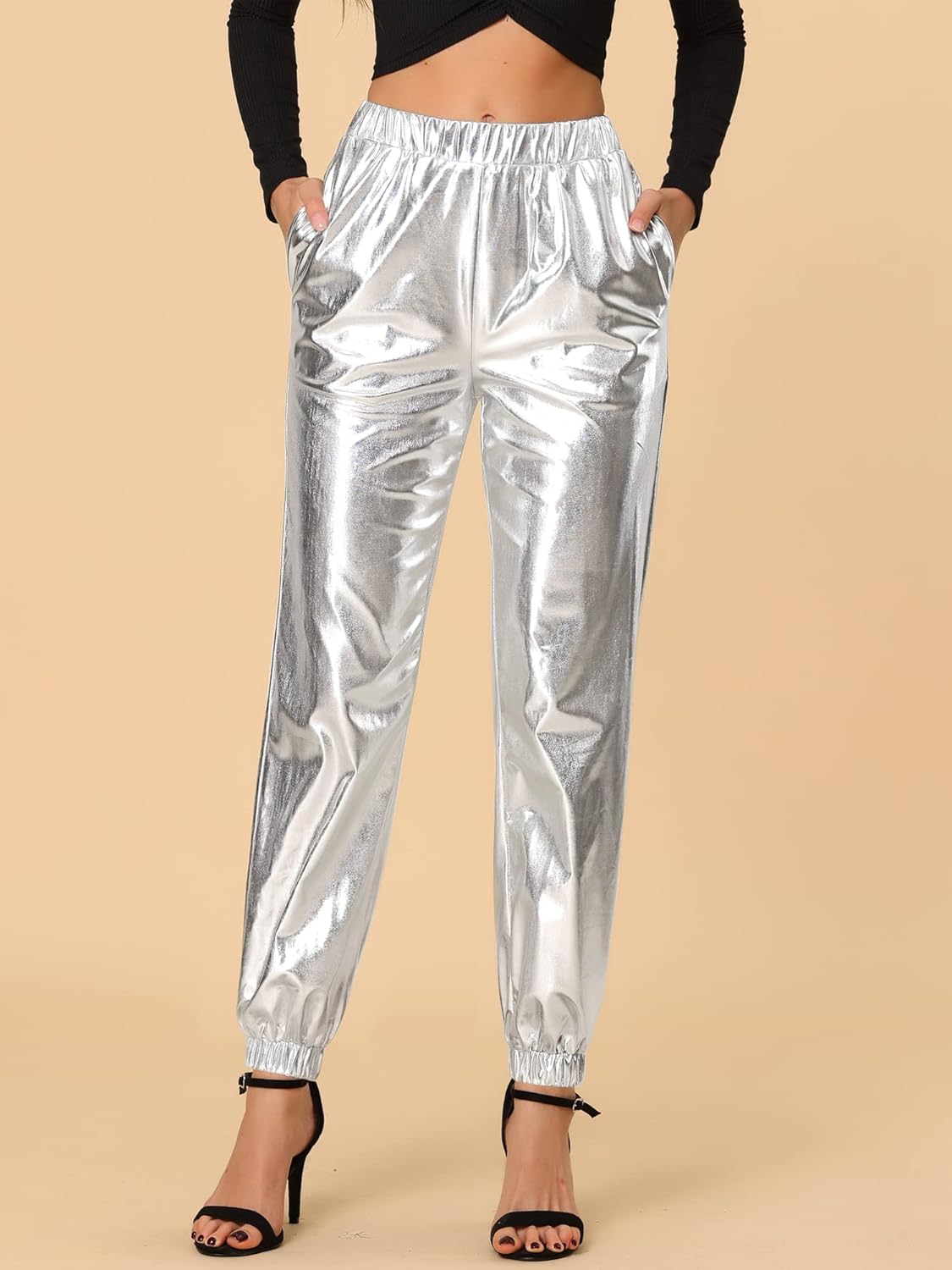 Allegra K Women's Metallic Trousers Christmas Shiny Sparkle Elastic Waist Holographic Pants - Image 4