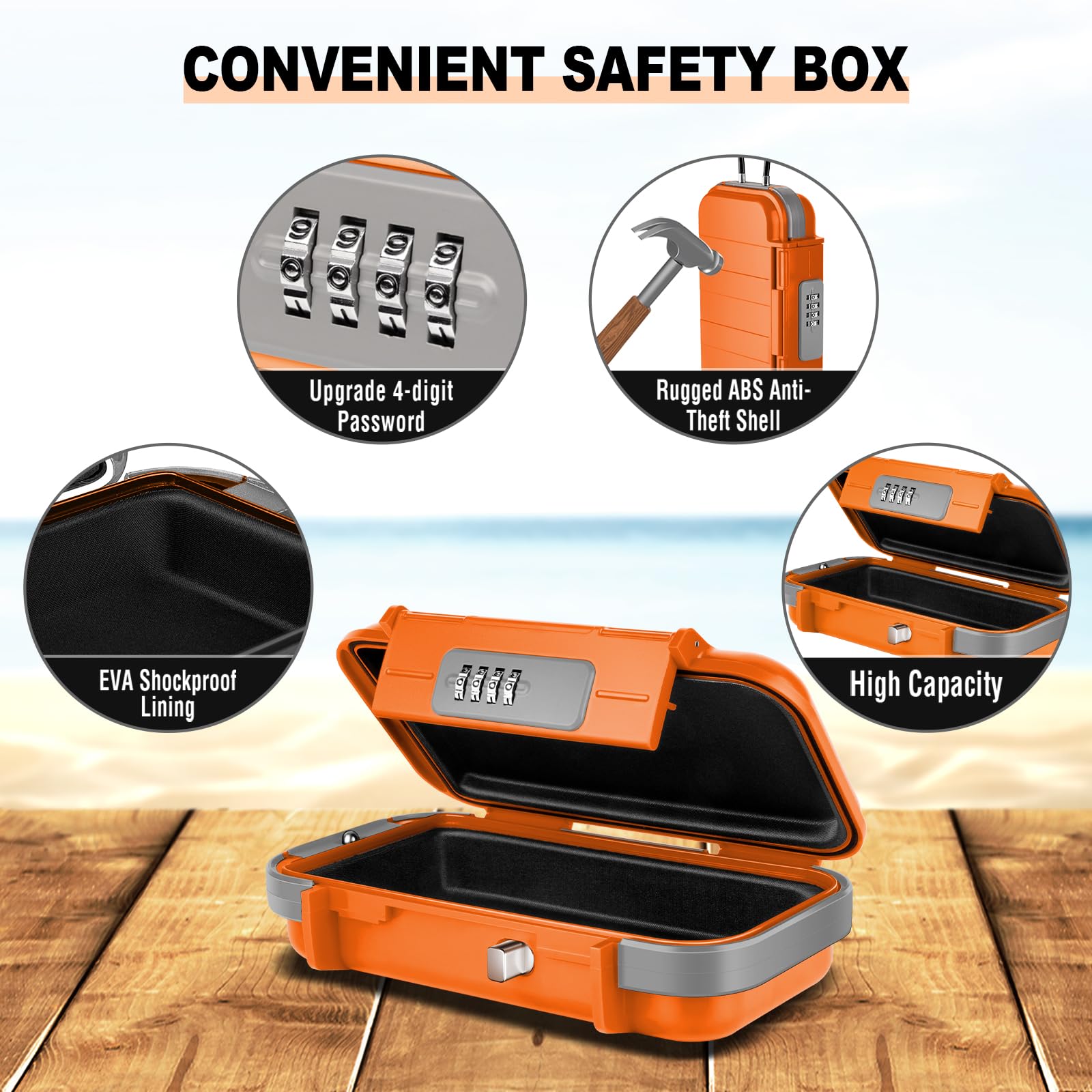 HUANLANG Coffre-fort portable avec serrure à combinaison, mini coffre-fort étanche avec câble métallique amovible pour dortoir, voyage, plage, hôtel, voiture, maison, bureau