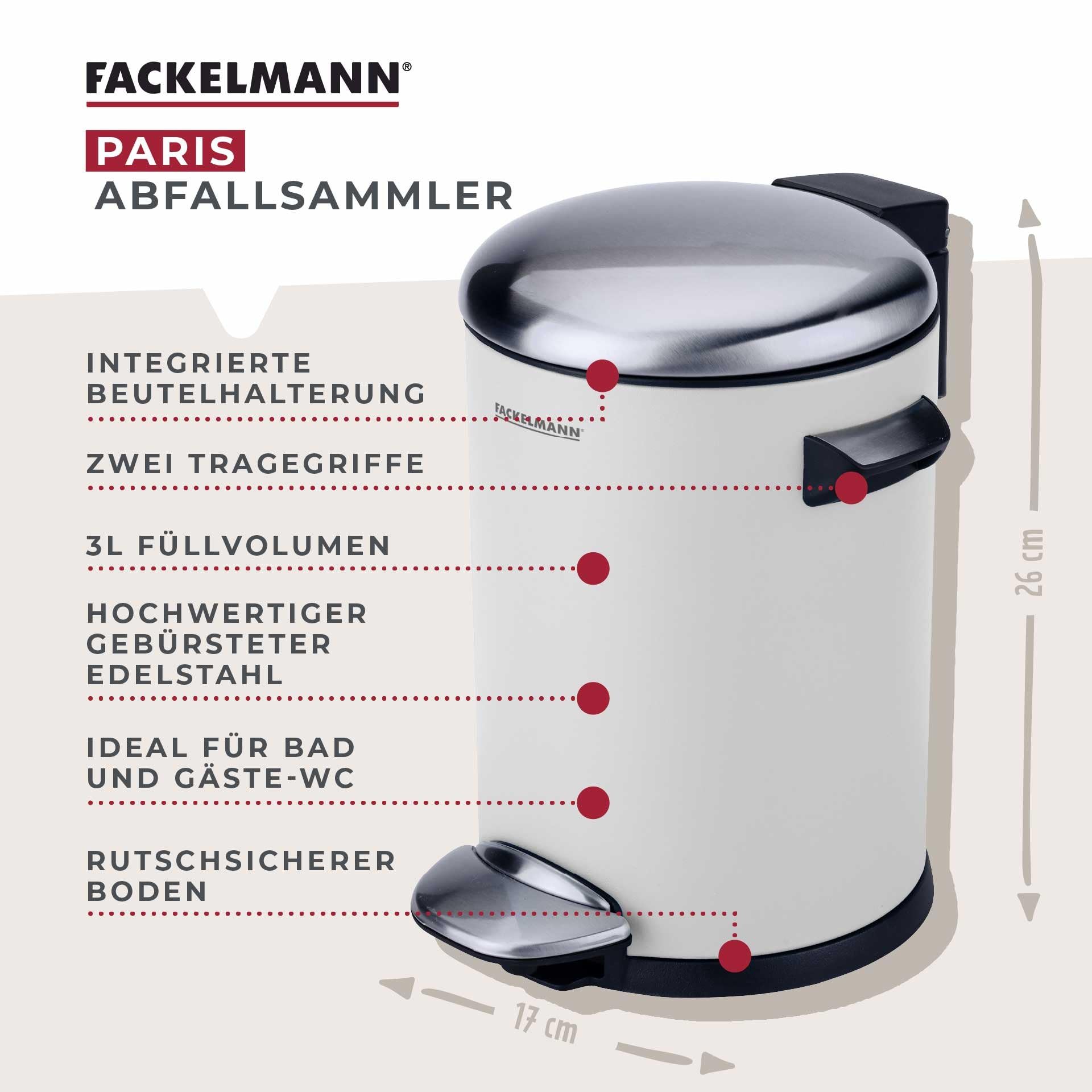 FACKELMANN PARIS Pedal-Abfallsammler 3L White mat – Eleganter Abfalleimer in Weiß, Integrierte Beutelhalterung, 2 Tragegriffe, Geeignet für Bad und Gäste-WC