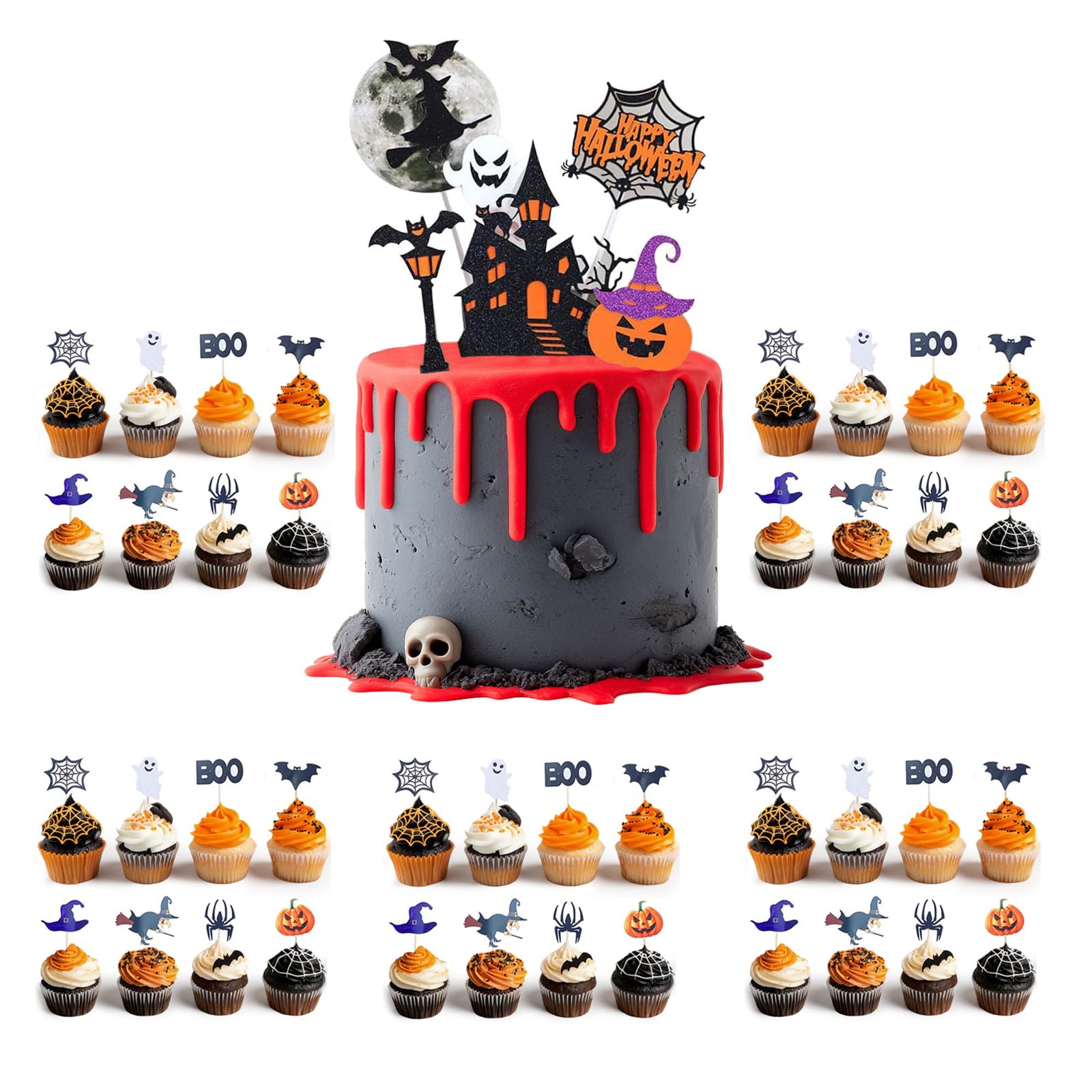 100 Décorations Pour Gâteaux Halloween - Toppers Cupcakes Fantômes, Citrouilles, Chauves-souris, Araignées - Lot De 100 Pics En Plastique Alimentaire (8 Cm)