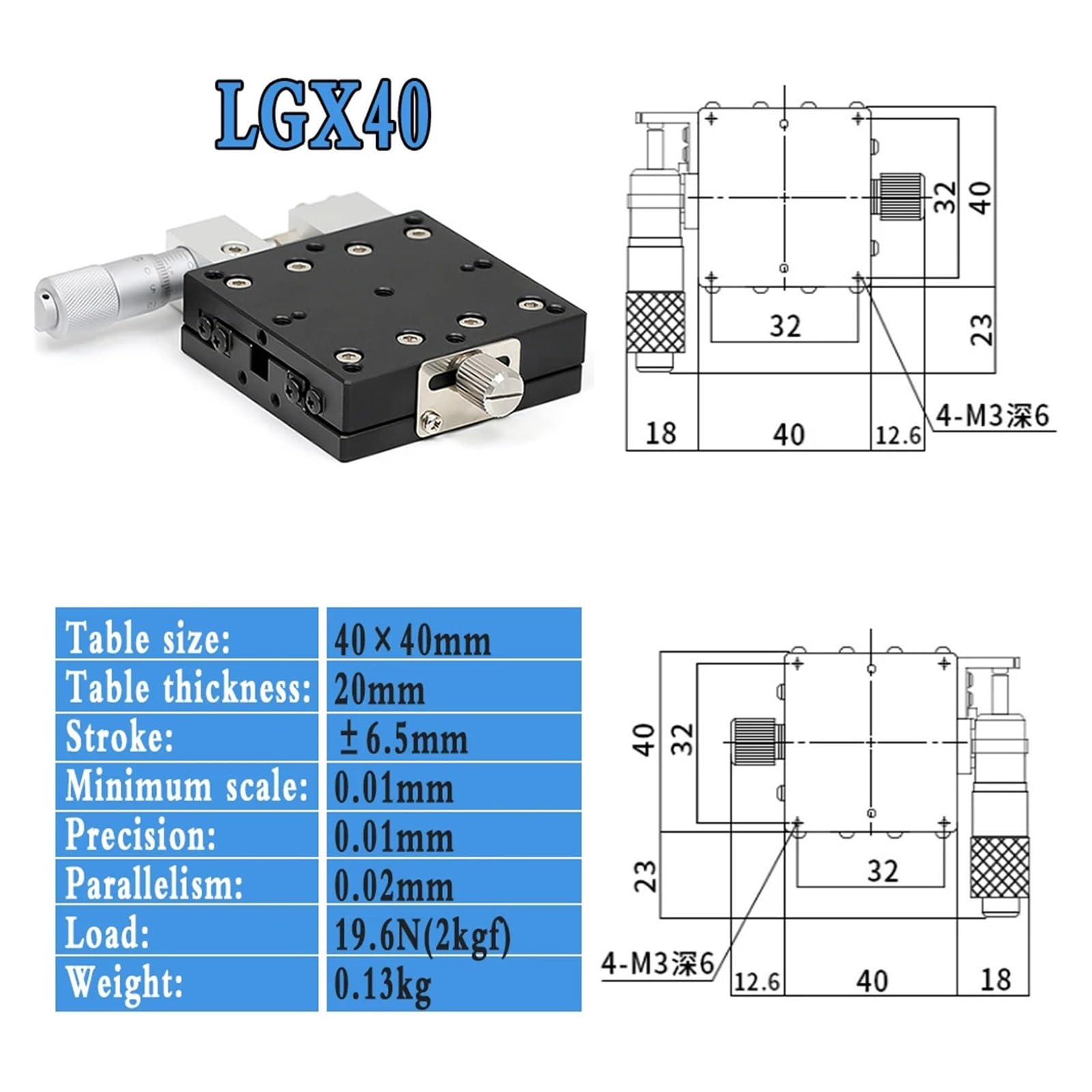 Guide X 40/60/90/100/120mm Micrometro di Spostamento Mi/Ni Tavola Scorrevole Ottica CNC (LGX40, Centrale)