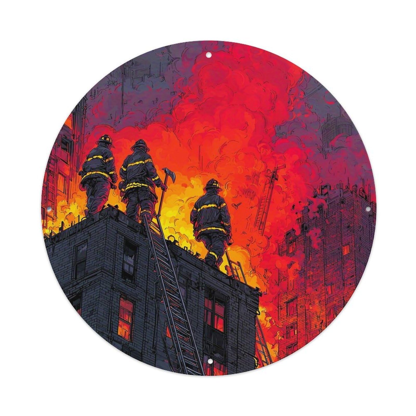 Firefighters On Burning Rooftop Scene Tin Sign Metal Poster Vintage Metal Signs for Home Man Cave Bar Cafe Kitchen laundry room Wall Decorations 8x8 inches