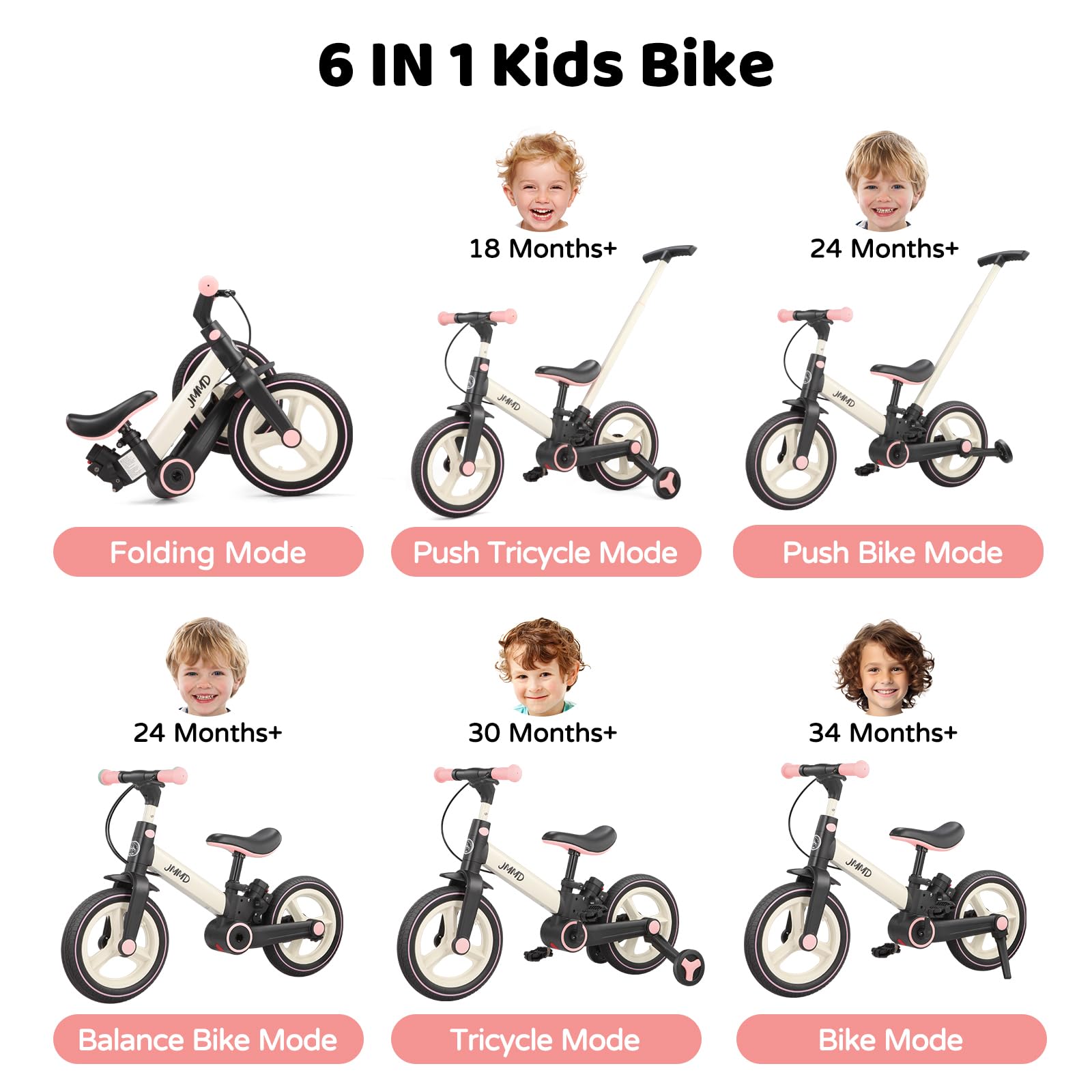 JMMD Bicicletta 6-in-1 per Bambini con Rotelle e Pedali, Età 18 Mesi-5 Anni, Bici senza Pedali Convertibile e Pieghevole 12 Pollici & Bici a Pedali con Maniglia Genitore Regolabile,Freni