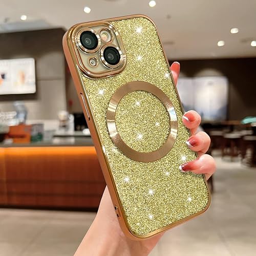 Miniatura 2 de Funda magnética con purpurina para iPhone 13 de 6.1 pulgadas, compatible con MagSafe, bonita funda transparente chapada de lujo, protector completo