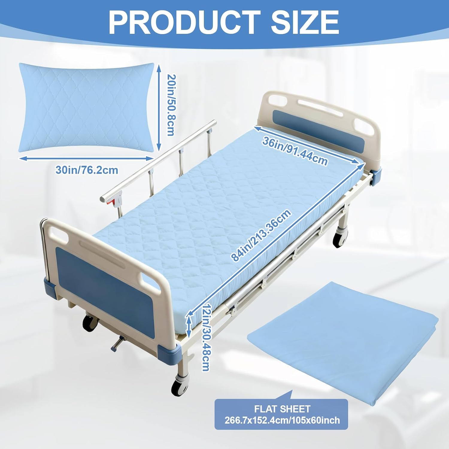 Lounsweer 3 Piece Hospital Bed Sheet Set, Blue Waterproof Bed Sheet Set, Incontinence Protection for Home and Hospital Use, Include 1 Fitted 36" x 84" x 12" 1 Flat and 1 Pillowcase