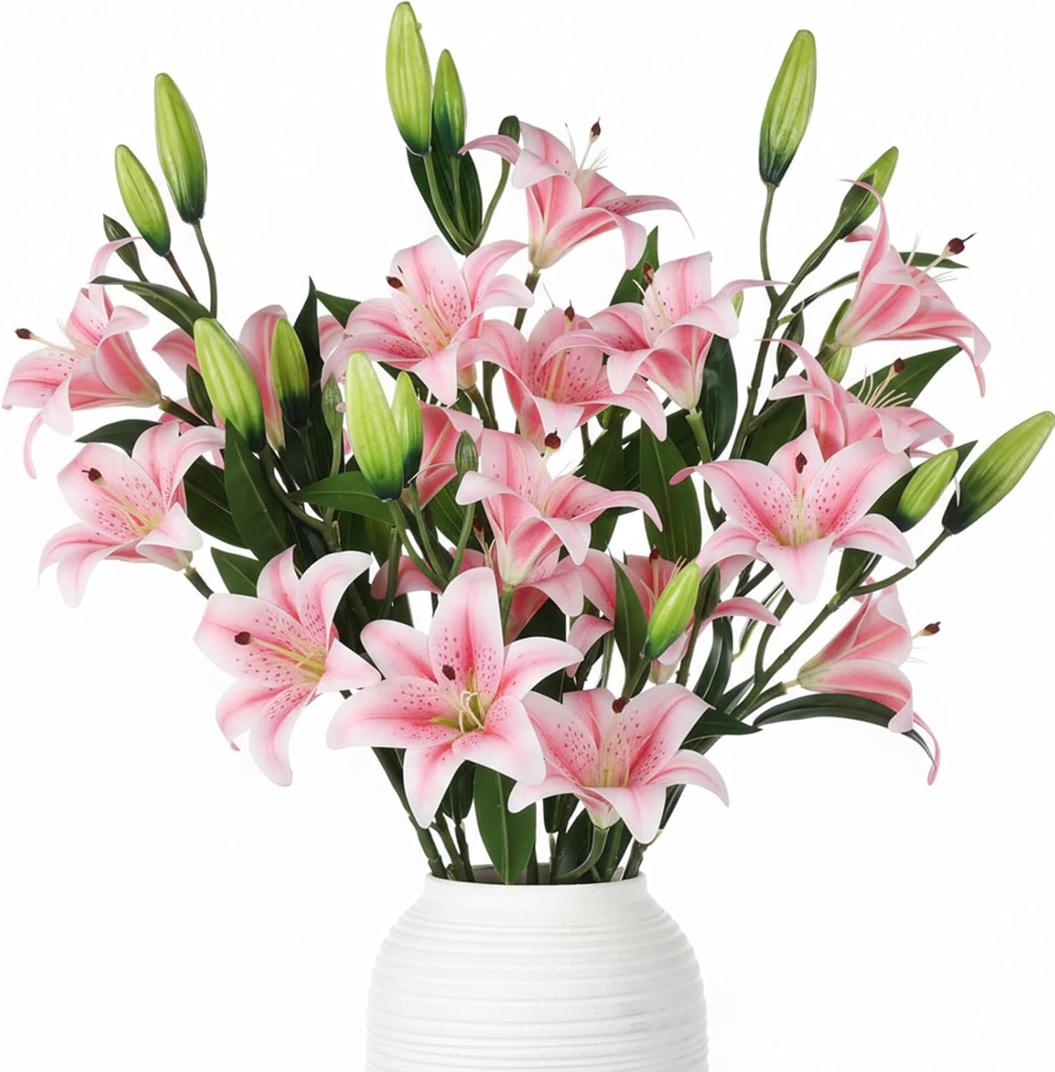 Dingion 6 Pcs 18 Heads Artificial Lily Flowers 31.5'' Easter Lily Flowers Long Stem Fake Bouquet Latex Realistic 3 Big Flower Head 3 Bud for Tall Vase Home Table Wedding Decoration(Pink)