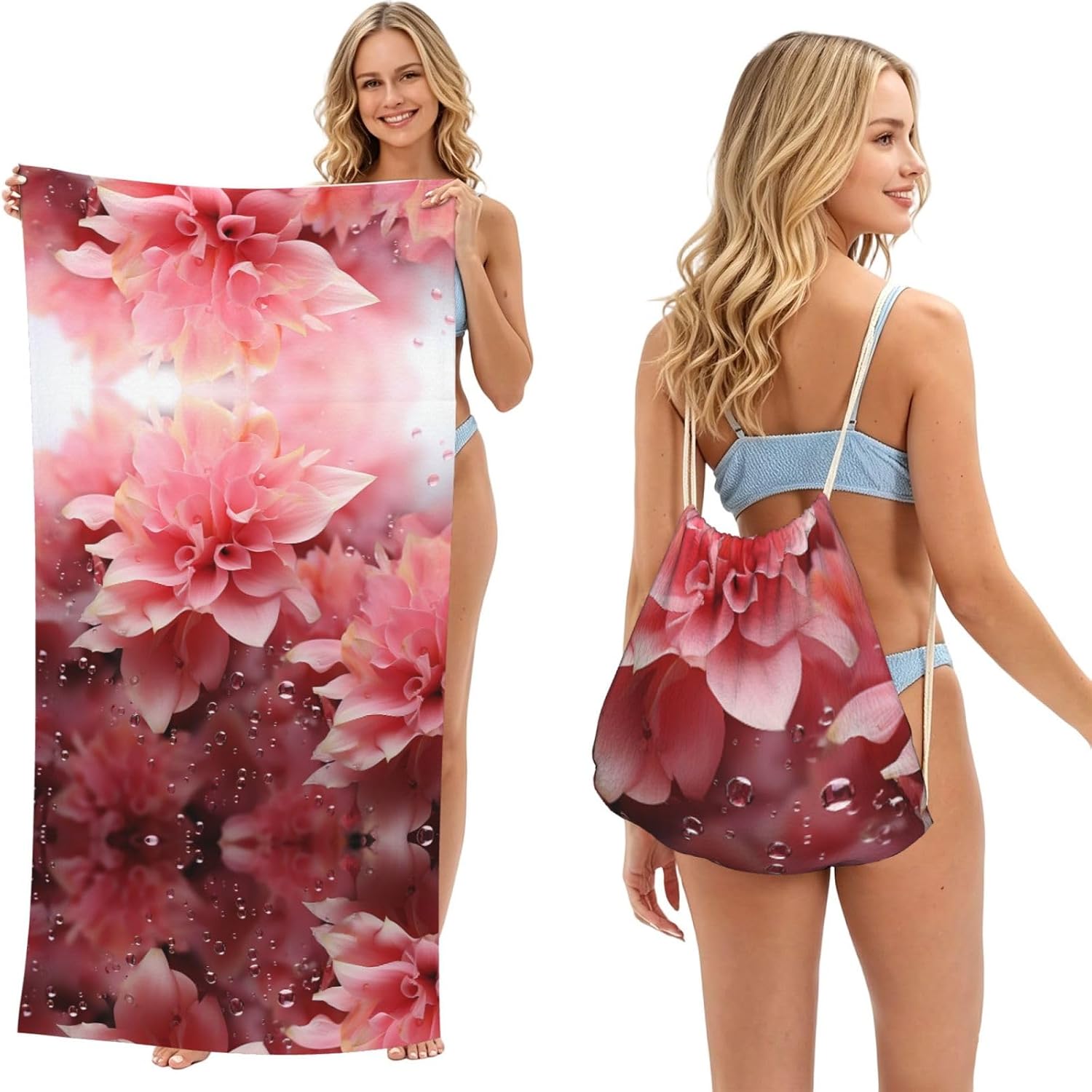 2 in 1 Packable Towel Bag,Soft Absorbent Pool Towels Backpack Quick Dry Lightweight Beach Towels Pink Petals Drawstring Bag for Travel Camping Sports Picnic