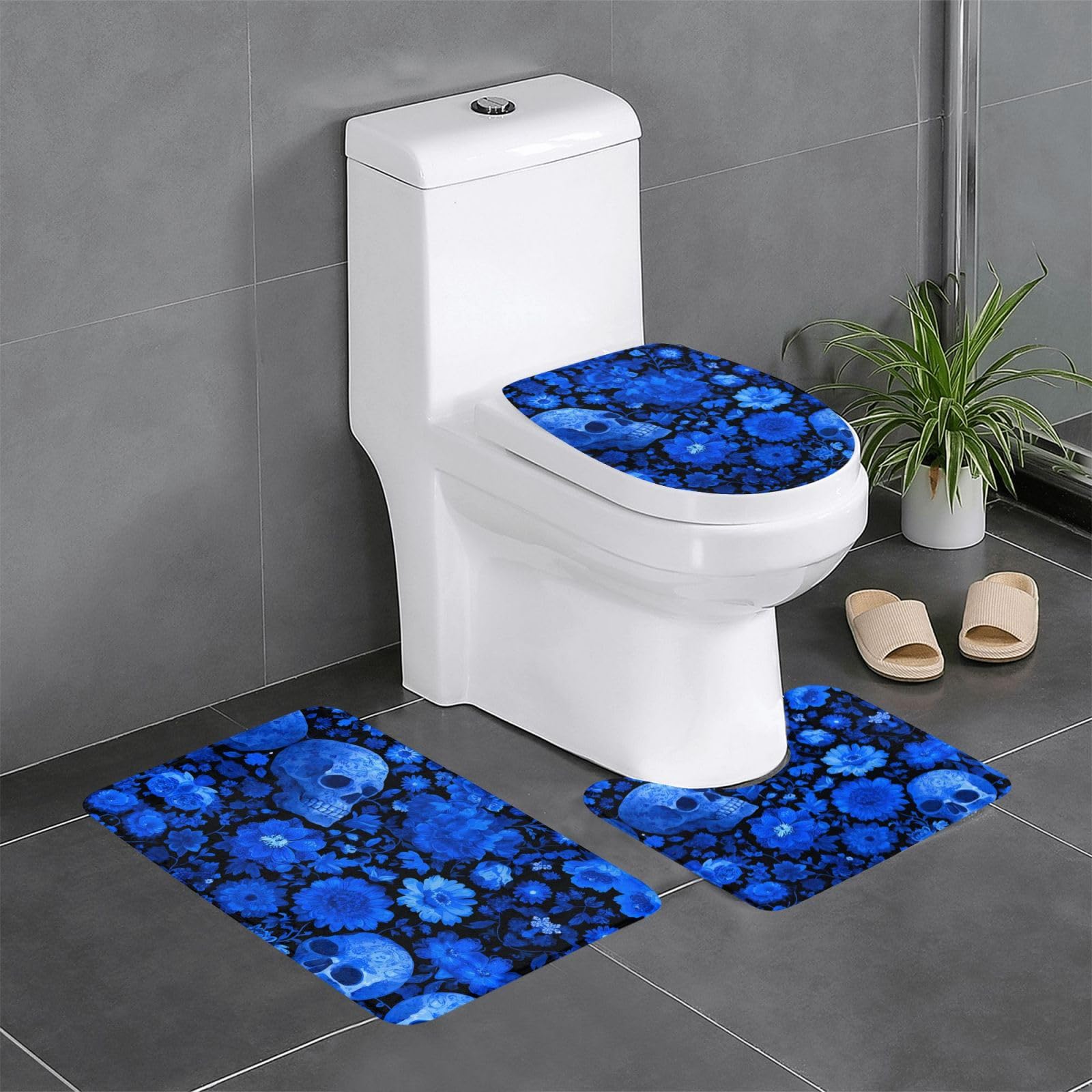 Tapis de salle de bain motif crâne bleu pour douche et coiffeuse