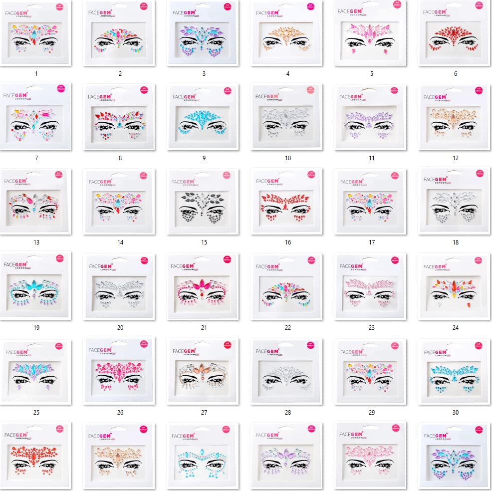 32 piezas de gemas faciales (diseños aleatorios) autoadhesivas con purpurina para tatuaje, gemas para festivales, fiestas rave, maquillaje corporal