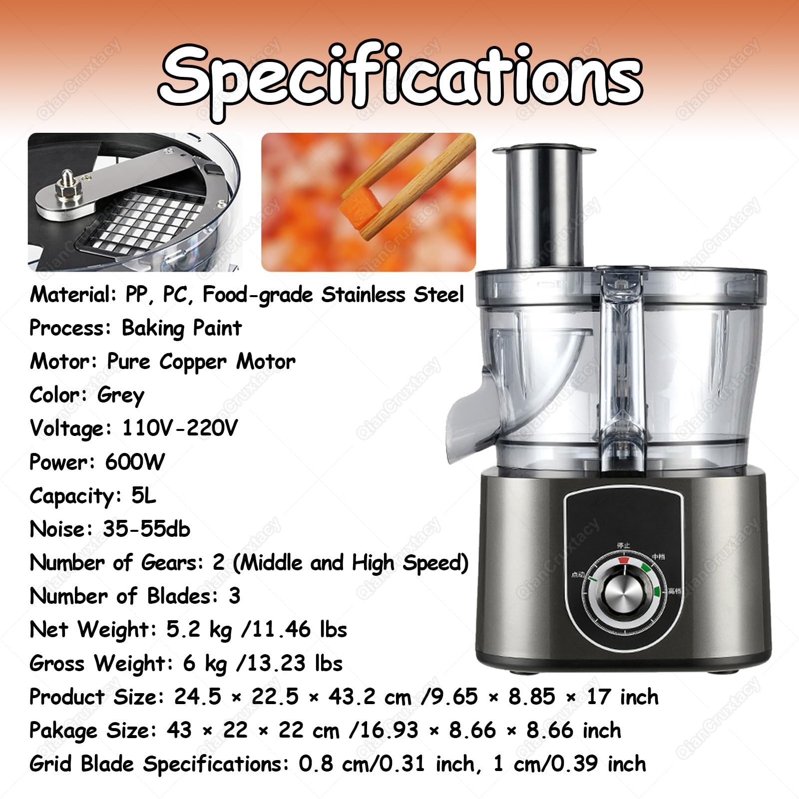 Picadora eléctrica de alimentos de 600 W, 5 L, 2 velocidades, 3 cuchillas, para restaurante, cocina en casa