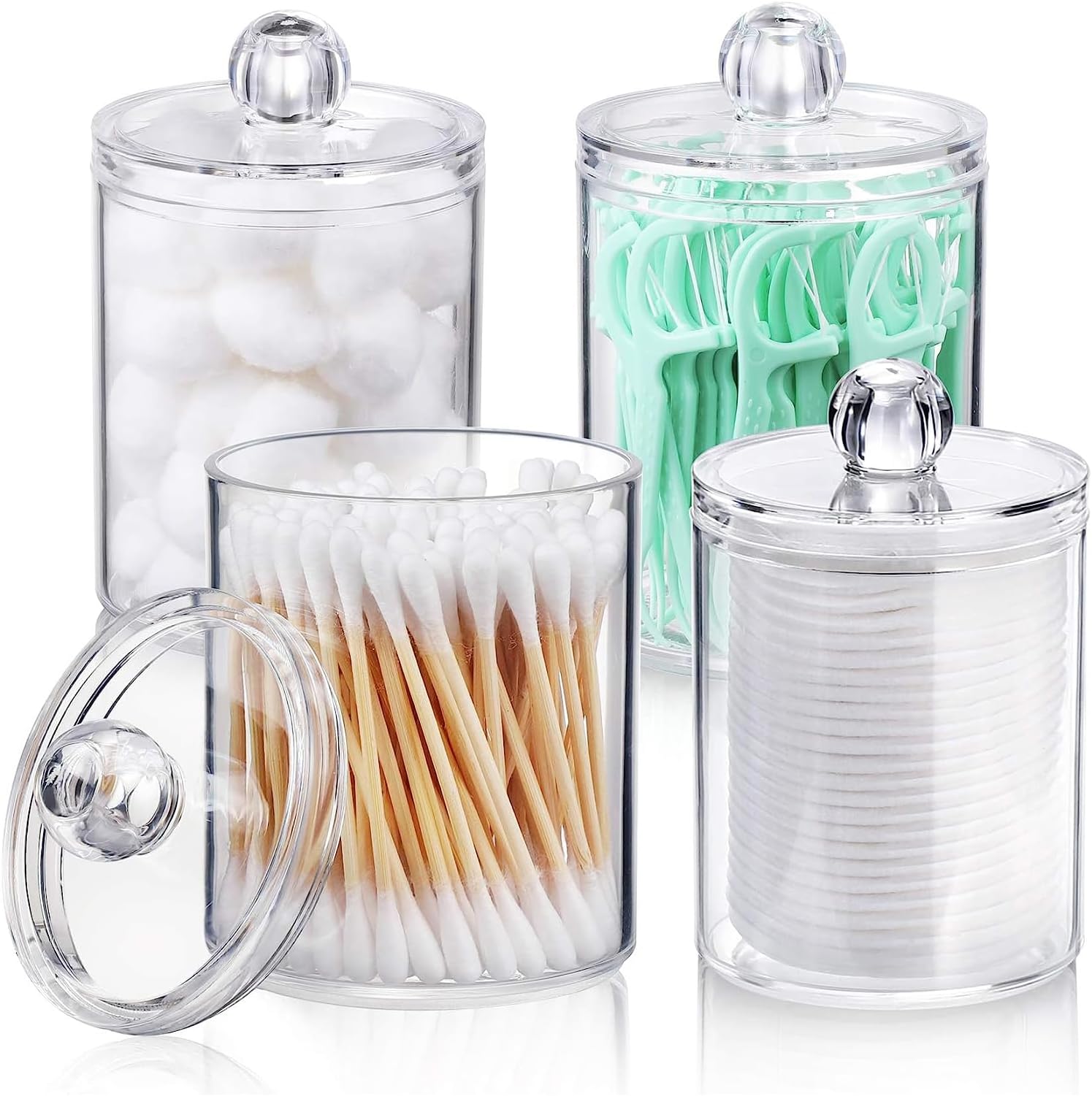4Pack Plastic Cotton Swab Ball Pad Holder, Qtip Holder Dispenser for Cotton Ball, Cotton Round Pads,10 oz Clear Apothecary Jar Set for Bathroom Canister Storage Organization, Makeup Organizer